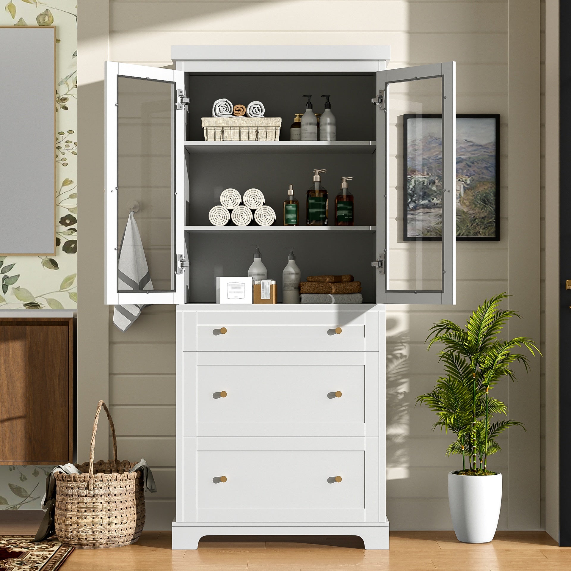 70.1" Modern High Freestanding Tall Bathroom Cabinet with 2 Adjustable Shelves, 3 Drawers, Soft Close Glass Doors – Ideal for Bathroom, Living Room, Kitchen Storage