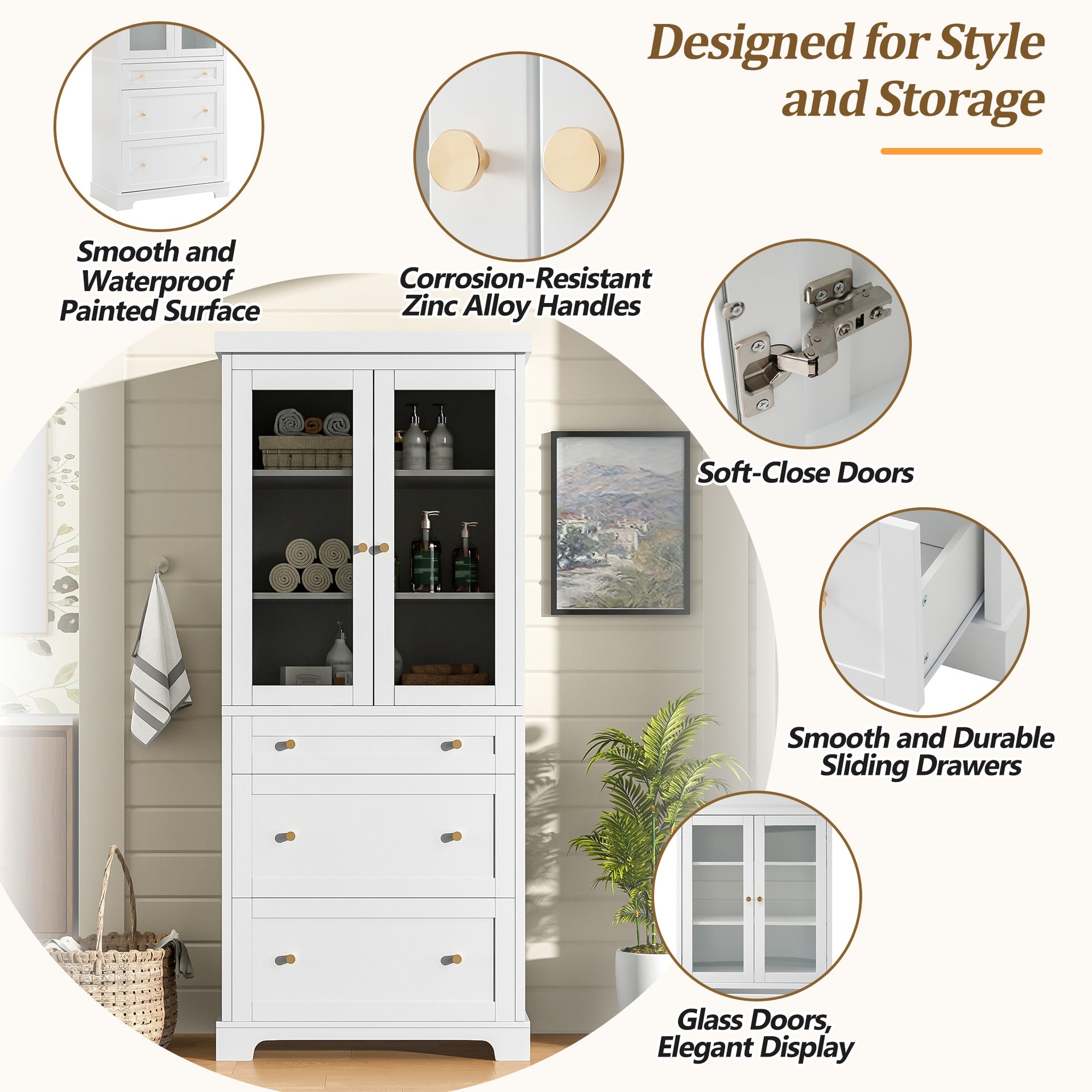 70.1" Modern High Freestanding Tall Bathroom Cabinet with 2 Adjustable Shelves, 3 Drawers, Soft Close Glass Doors – Ideal for Bathroom, Living Room, Kitchen Storage