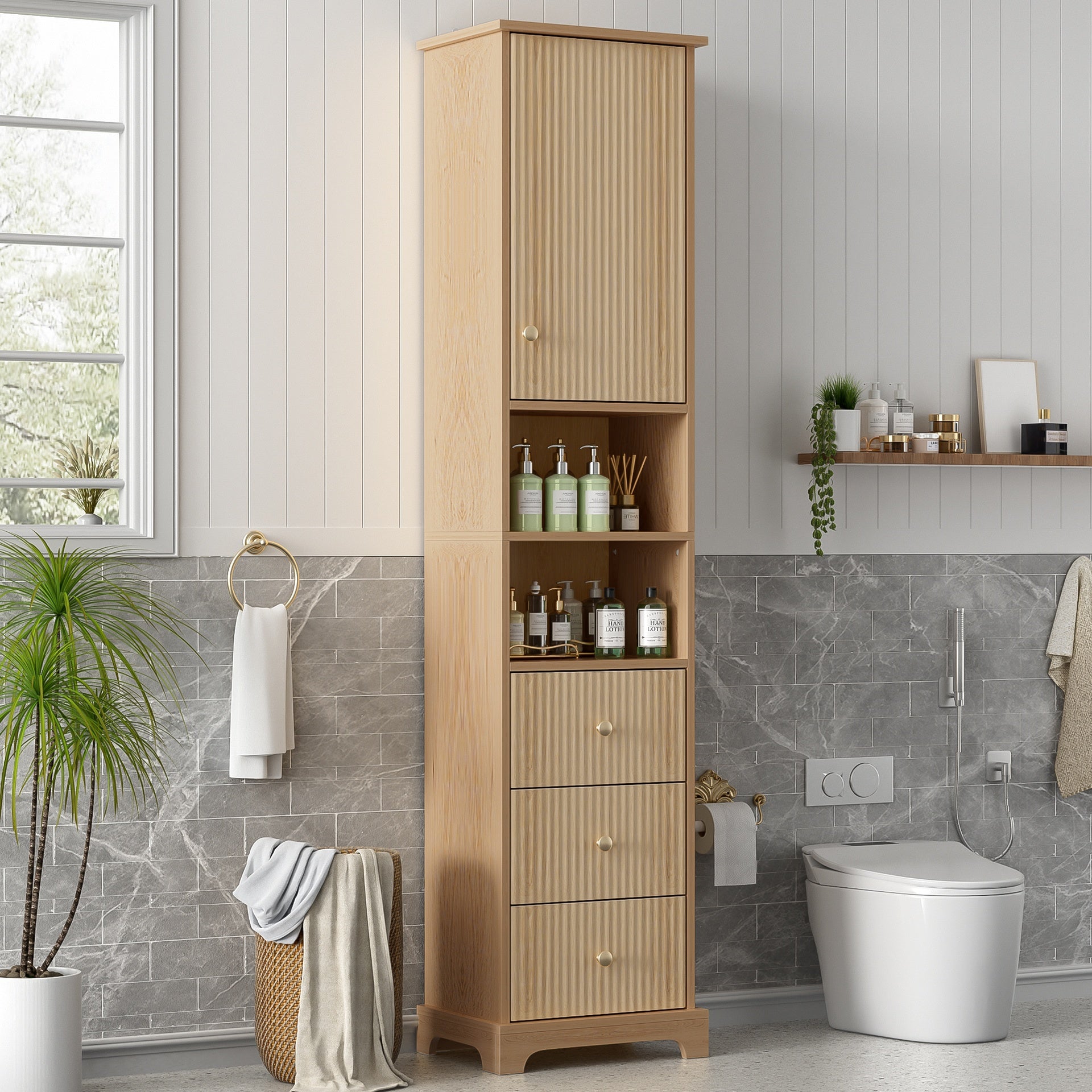 67.7" Tall Freestanding Bathroom Cabinet, Traditional American Style, 1 Door with Adjustable Shelf, 3 Drawers, Open Storage, Gold Metal Handles, Damping Hinges, Space-Saving Design