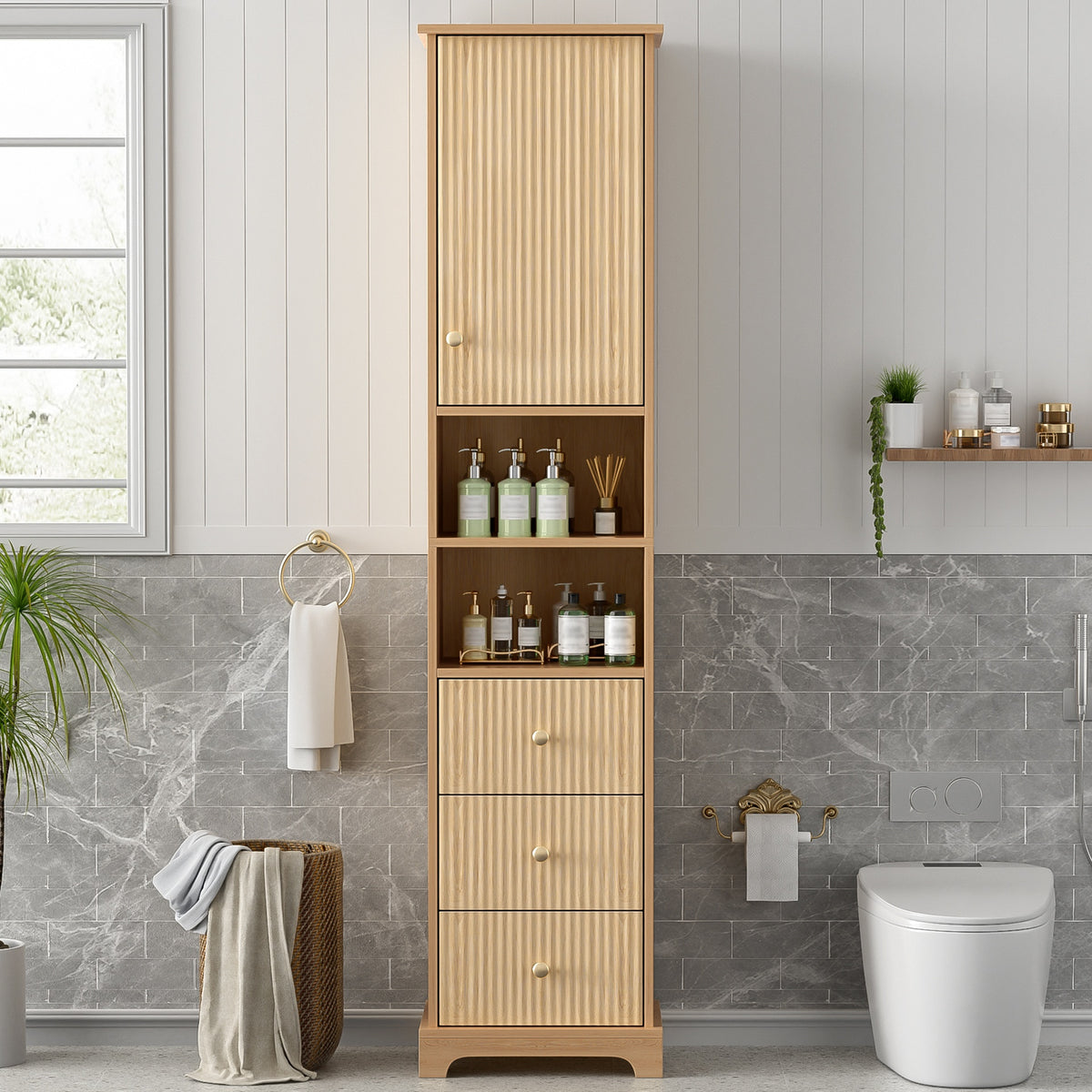67.7" Tall Freestanding Bathroom Cabinet, Traditional American Style, 1 Door with Adjustable Shelf, 3 Drawers, Open Storage, Gold Metal Handles, Damping Hinges, Space-Saving Design
