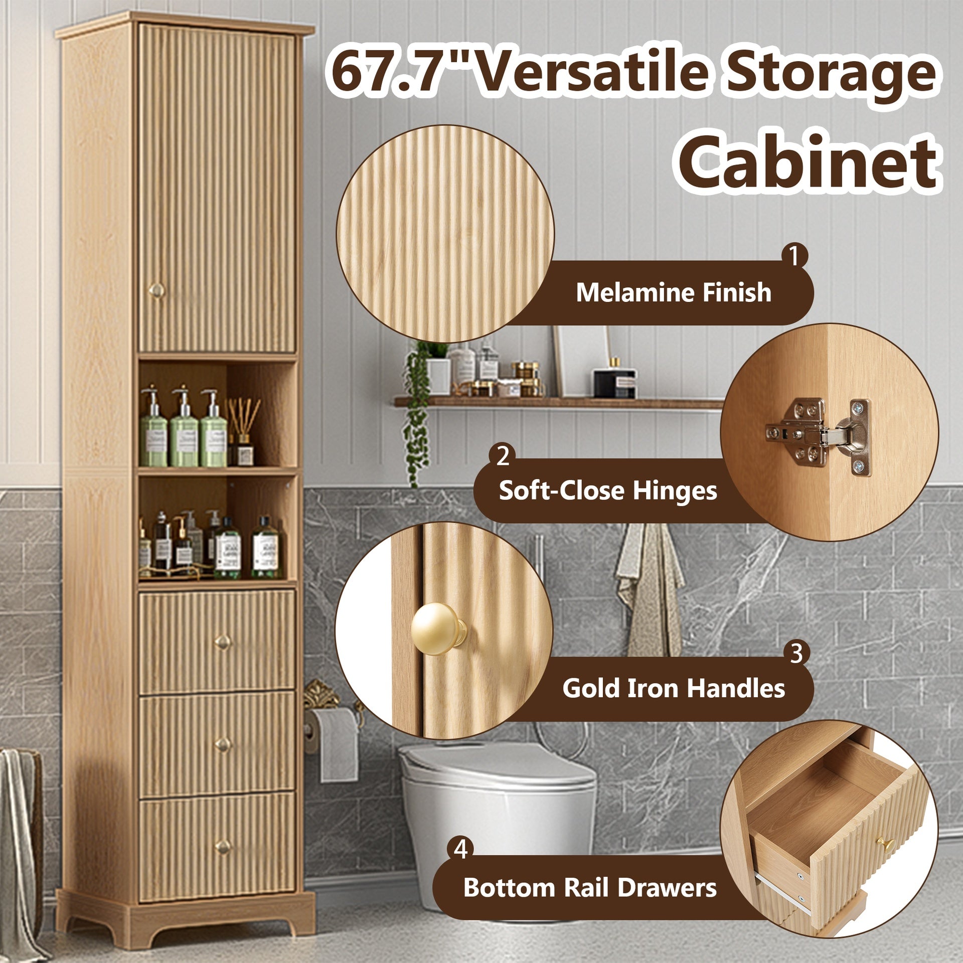 67.7" Tall Freestanding Bathroom Cabinet, Traditional American Style, 1 Door with Adjustable Shelf, 3 Drawers, Open Storage, Gold Metal Handles, Damping Hinges, Space-Saving Design