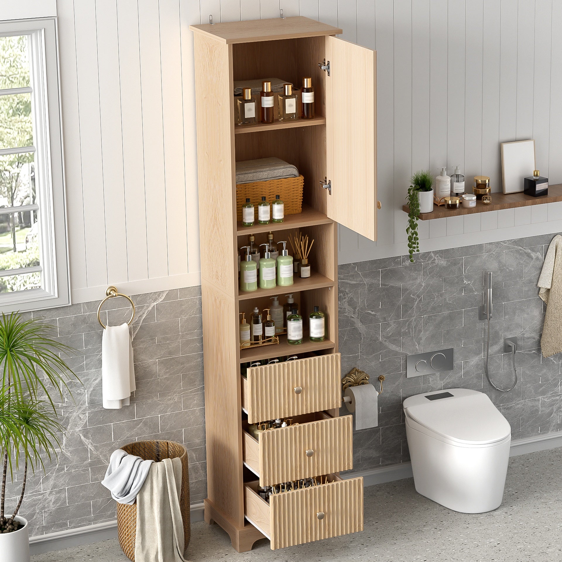 67.7" Tall Freestanding Bathroom Cabinet, Traditional American Style, 1 Door with Adjustable Shelf, 3 Drawers, Open Storage, Gold Metal Handles, Damping Hinges, Space-Saving Design