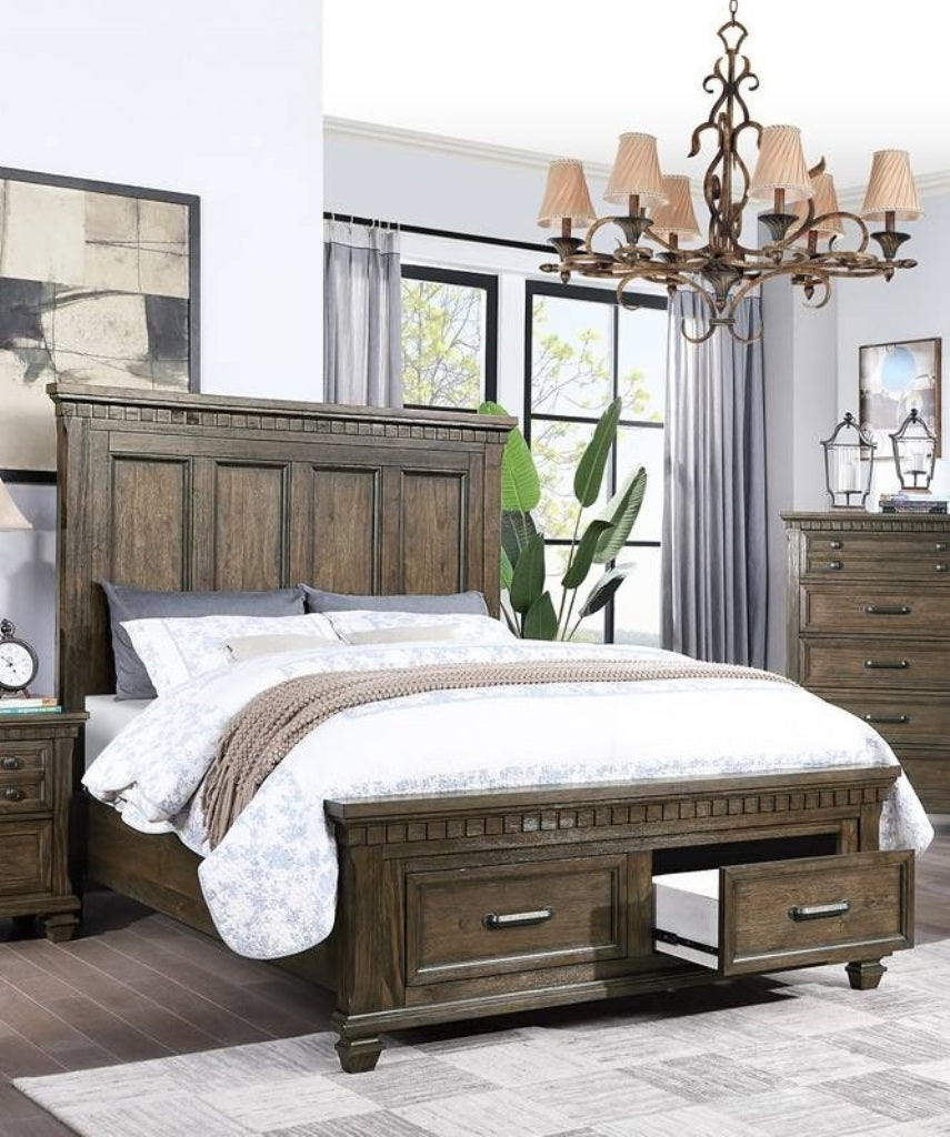 1pc California King Size Panel Headboard Bed Footboard Drawers Traditional Brown Finish Bedroom Furniture