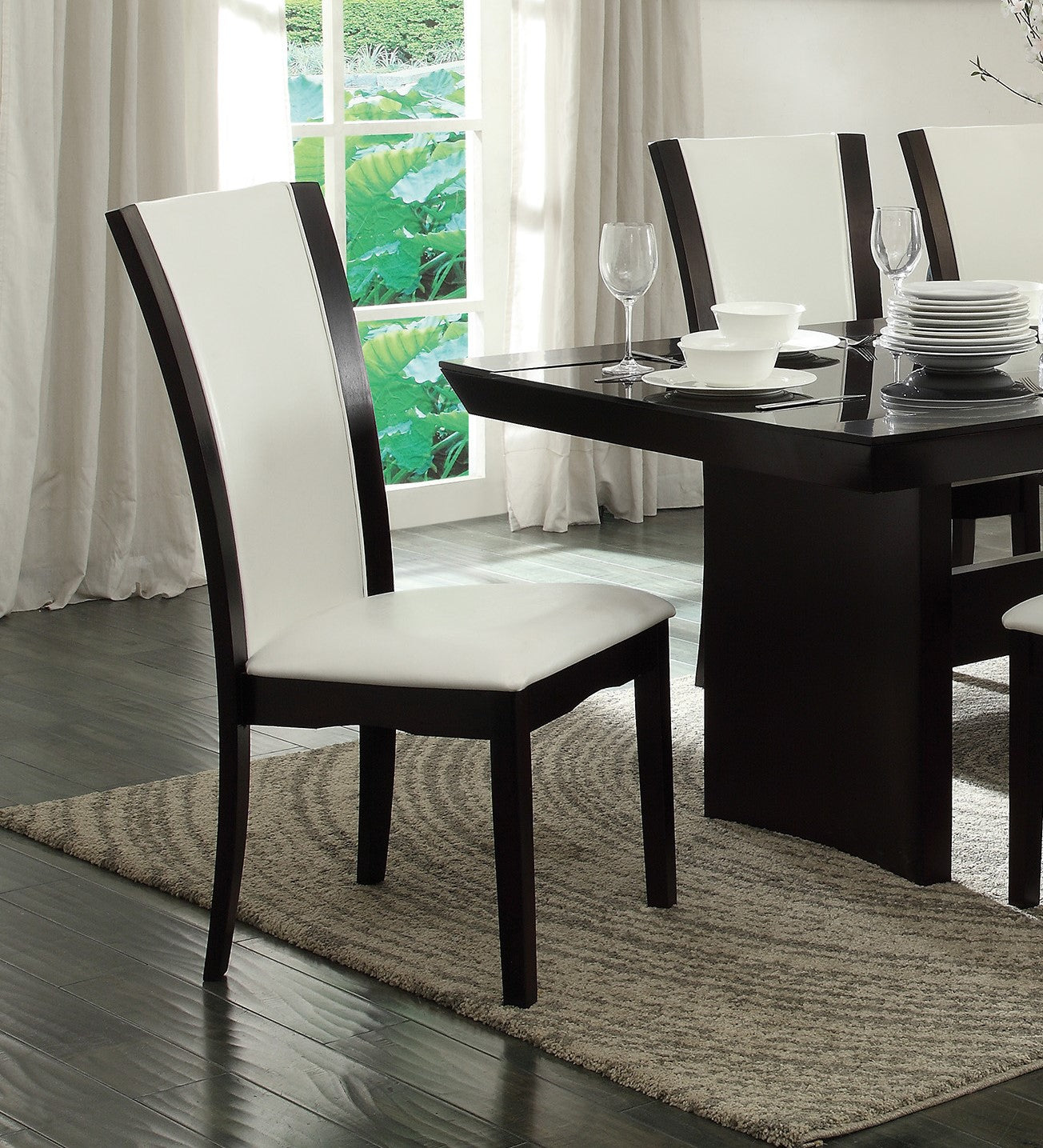 Modern Contemporary Dining Side Chairs Set of 2 White Faux Leather Upholstered Espresso Finish Hardwood Solid