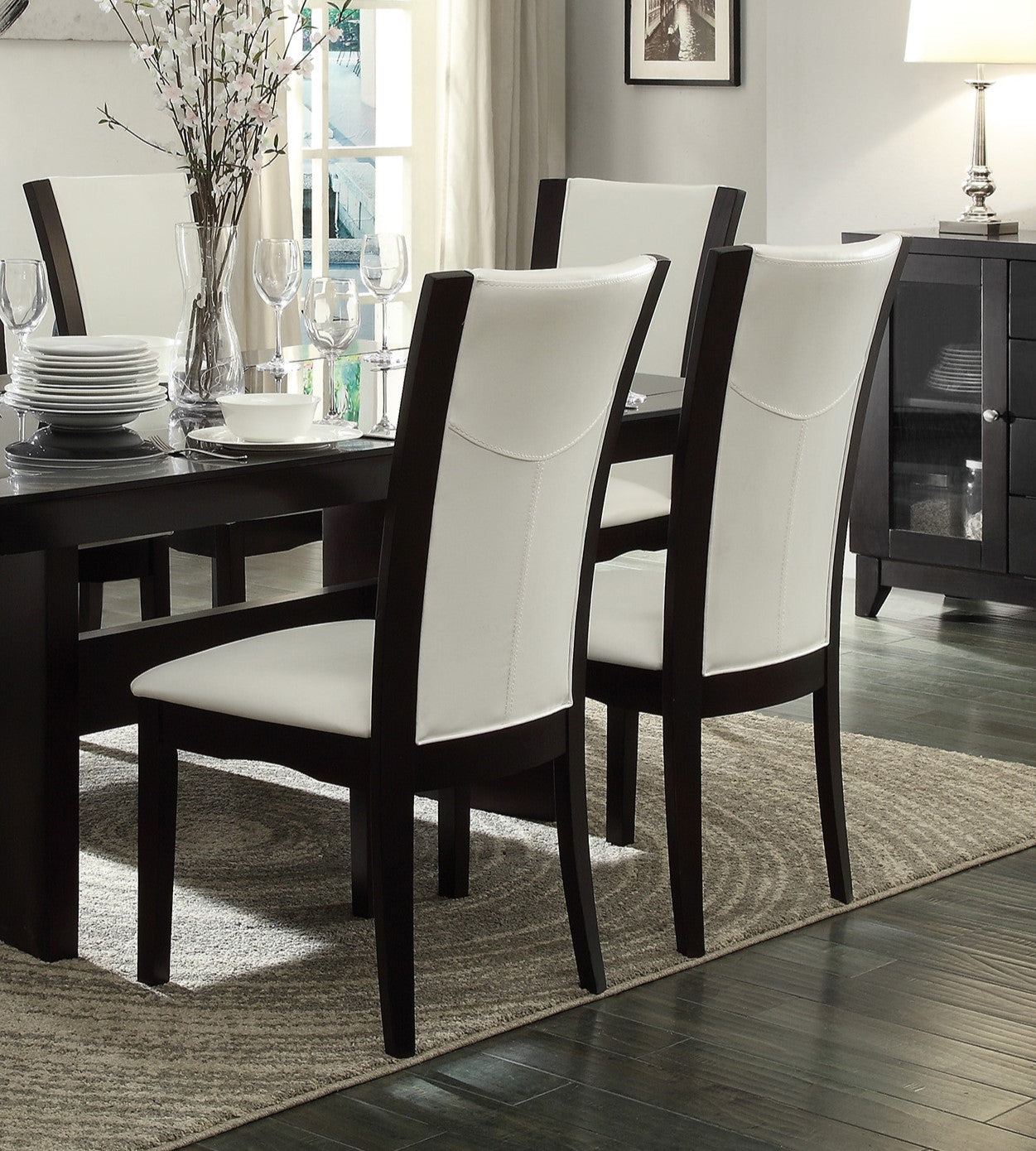 Modern Contemporary Dining Side Chairs Set of 2 White Faux Leather Upholstered Espresso Finish Hardwood Solid