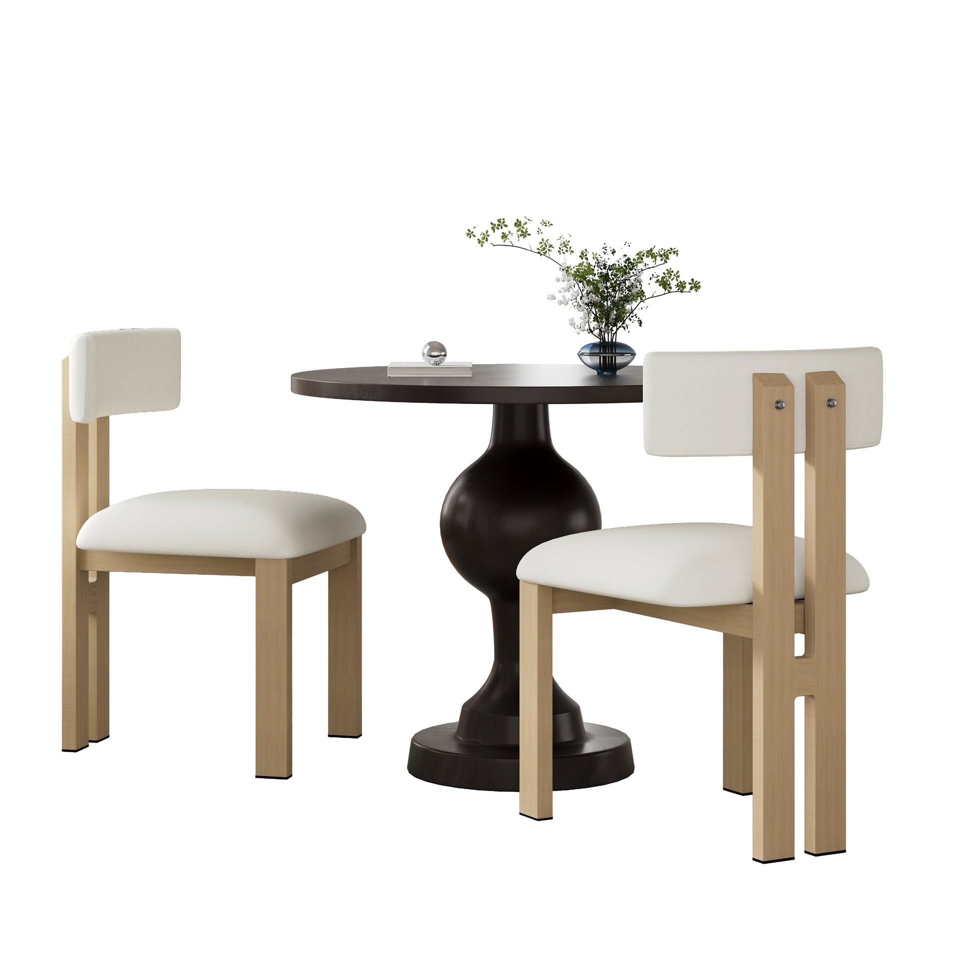 3- Piece Dining Set,Upholstered Dining Chairs With Metal Legs (Set of 2) (Beige+Natural) + Round Dining Table