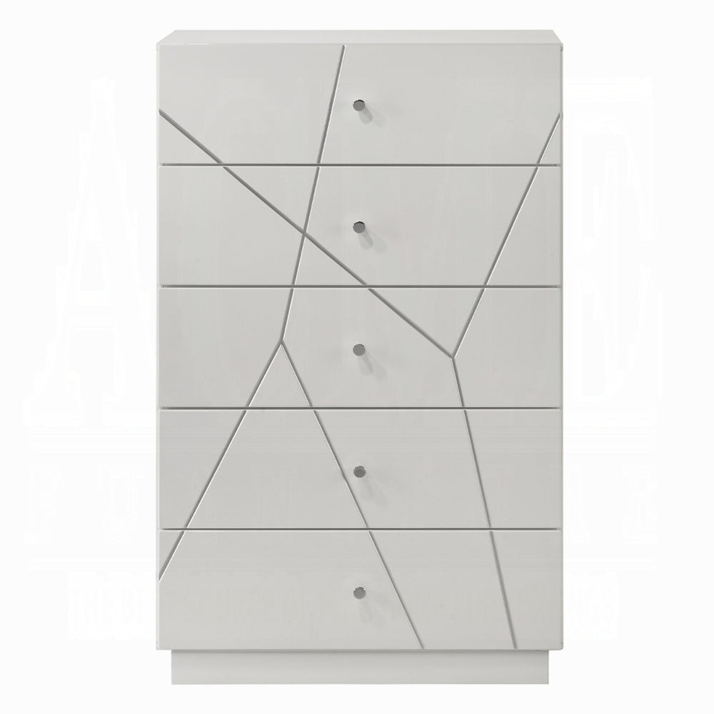 Ultra Modern White Finish Stylish Chest with 5x Storage Drawers Embossed Lines Design Contemporary Bedroom Furniture 1pc Metal Knobs