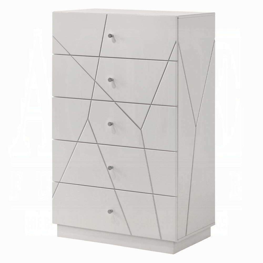 Ultra Modern White Finish Stylish Chest with 5x Storage Drawers Embossed Lines Design Contemporary Bedroom Furniture 1pc Metal Knobs