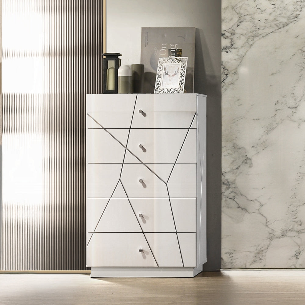 Ultra Modern White Finish Stylish Chest with 5x Storage Drawers Embossed Lines Design Contemporary Bedroom Furniture 1pc Metal Knobs