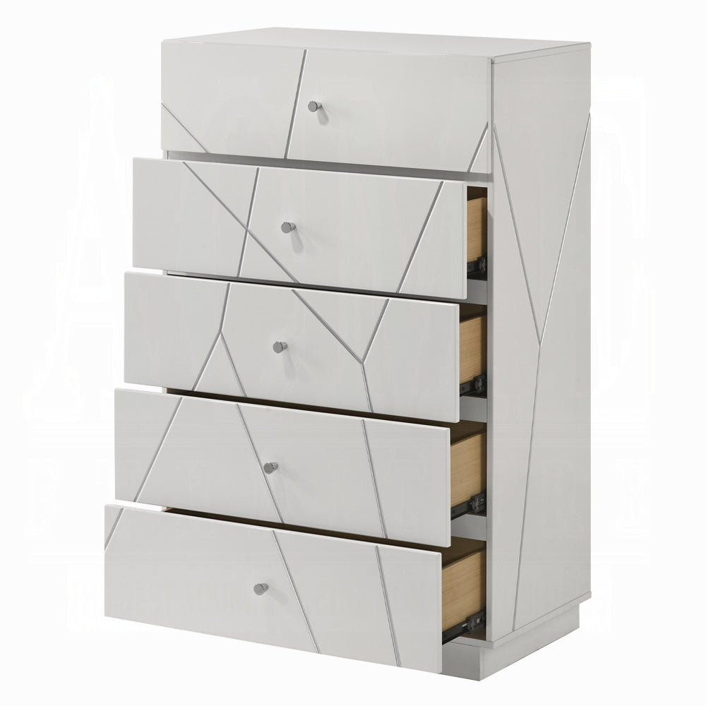 Ultra Modern White Finish Stylish Chest with 5x Storage Drawers Embossed Lines Design Contemporary Bedroom Furniture 1pc Metal Knobs