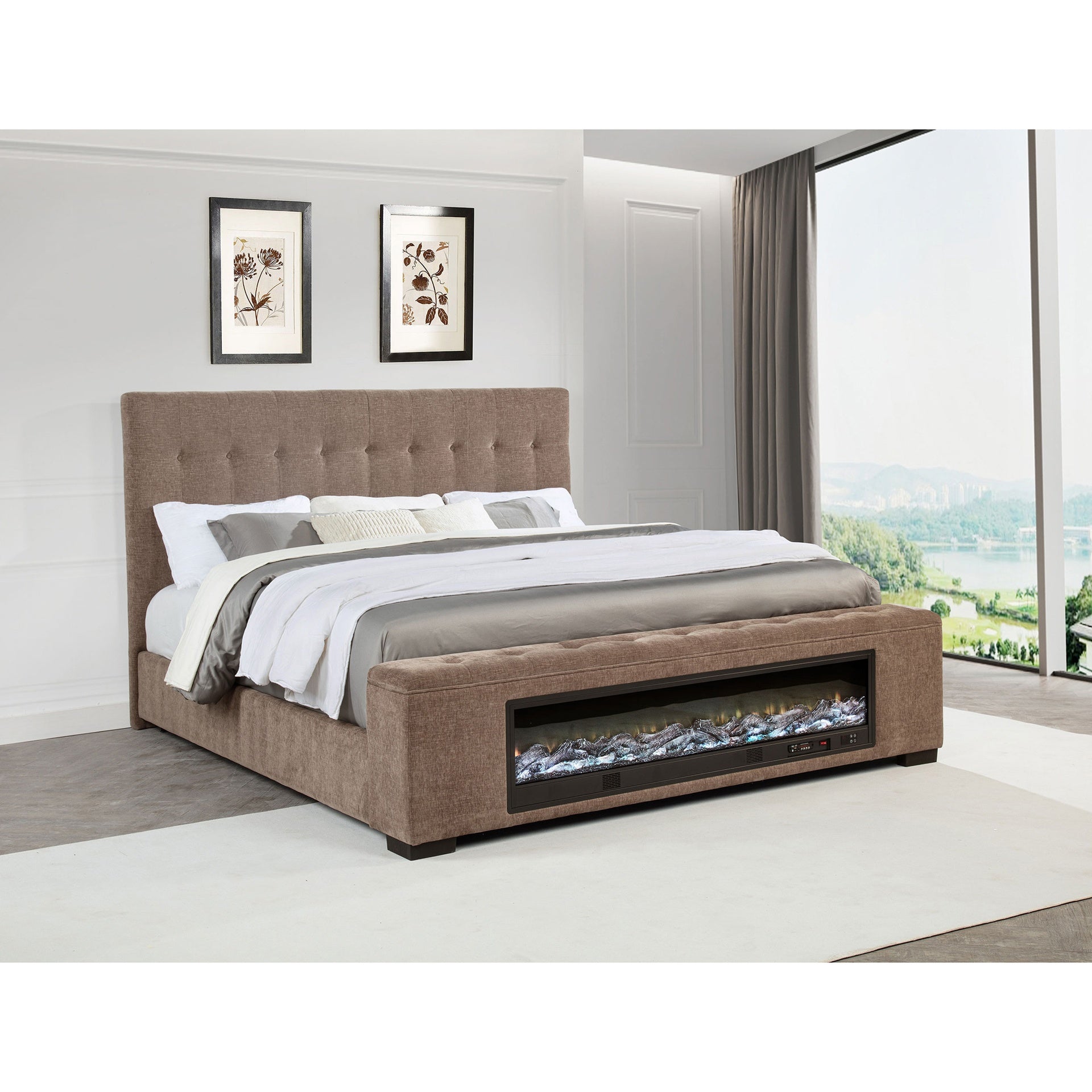 Crombie Brown Upholstered Queen Audio Flame Visualizer Bed