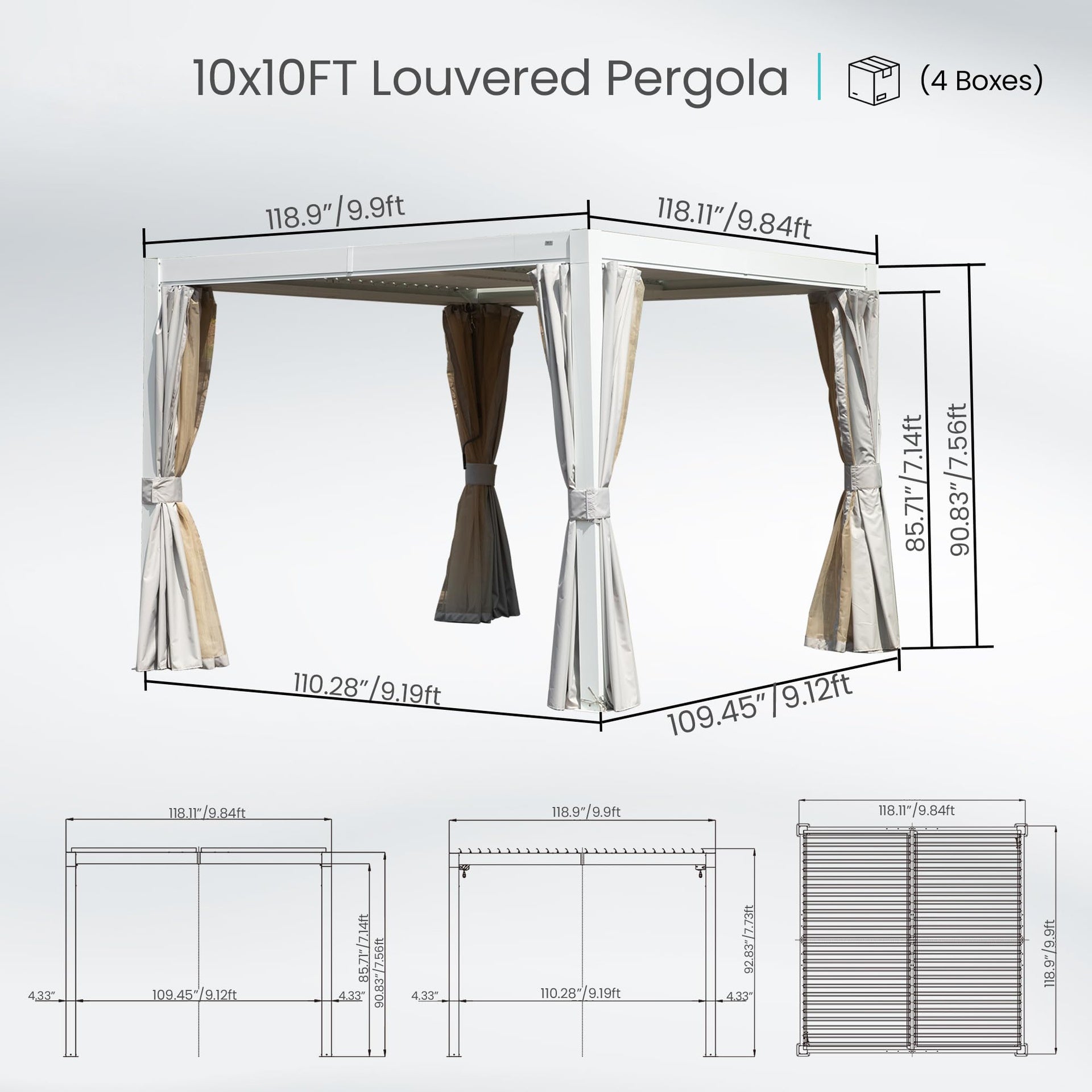 10x10 FT Outdoor Louvered Pergola with Adjustable Louvers-White