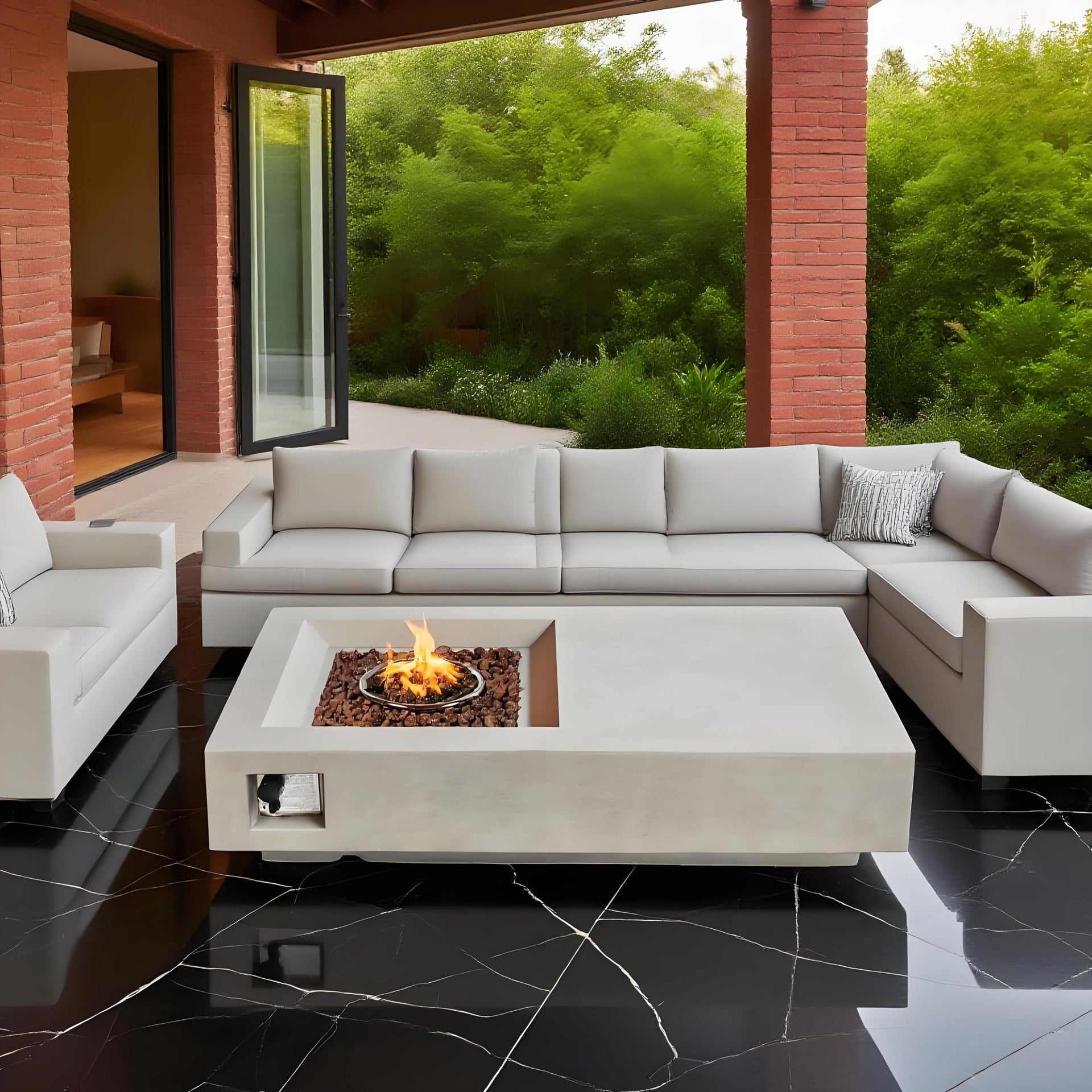 60" Propane Gas Fire Pit Table, 50000 BTU  Rectangular Concrete Fire Pit for Outside Patio Deck Garden Backyard- Light Gray