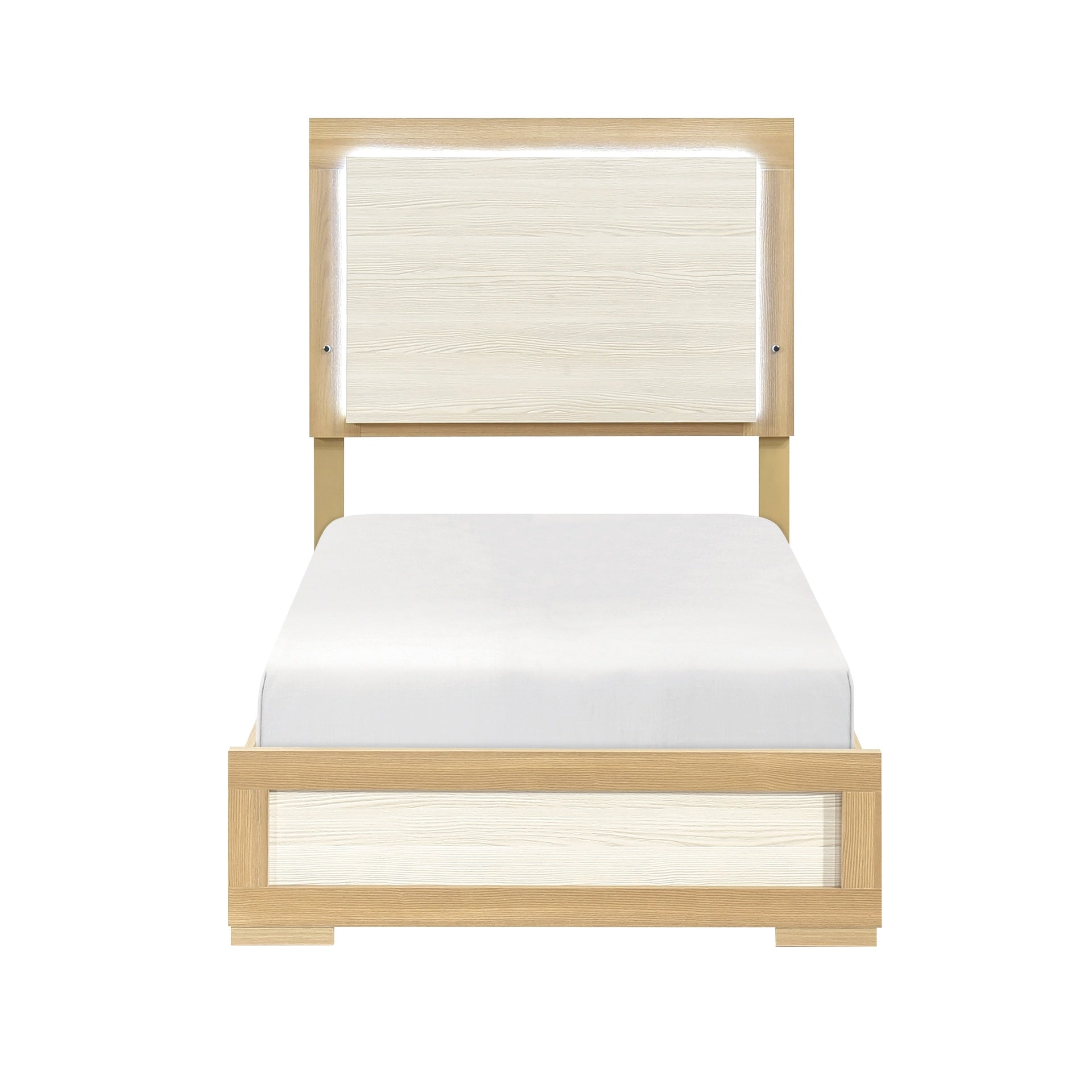 Contemporary Natural and White Finish Twin Size Bed LED Panel Headboard Wooden Bedroom Furniture 1pc