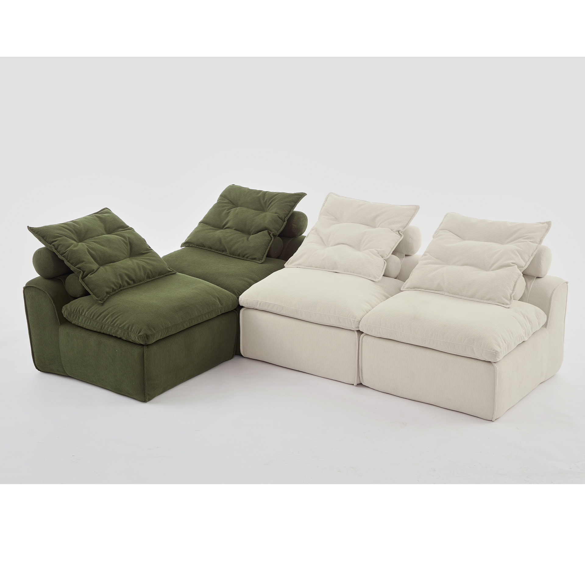 Modular Sofa,No Armrests,At will DIY,Corduroy ,Neck Pillow-Back Lounge Sofa Chair,Reading Nook, or Apartment Living, Lumbar Pillow,4 Seats,Upholstered,Beige,Green