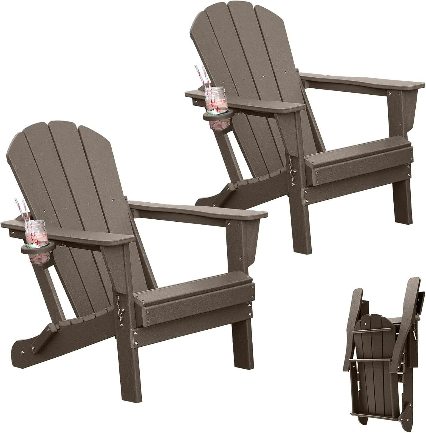 Adirondack Chairs Set of 2, Plastic Adirondack Chair, Adirondack Chairs, HDPE Adirondack Chair, Folding Adirondack Chairs, Outdoor Chairs with Cup Holder for Lawn Patio Deck Fire Pit -Brown