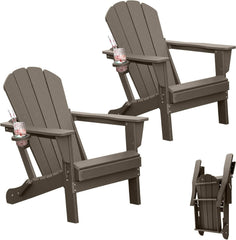 Adirondack Chairs Set of 2, Plastic Adirondack Chair, Adirondack Chairs, HDPE Adirondack Chair, Folding Adirondack Chairs, Outdoor Chairs with Cup Holder for Lawn Patio Deck Fire Pit -Brown