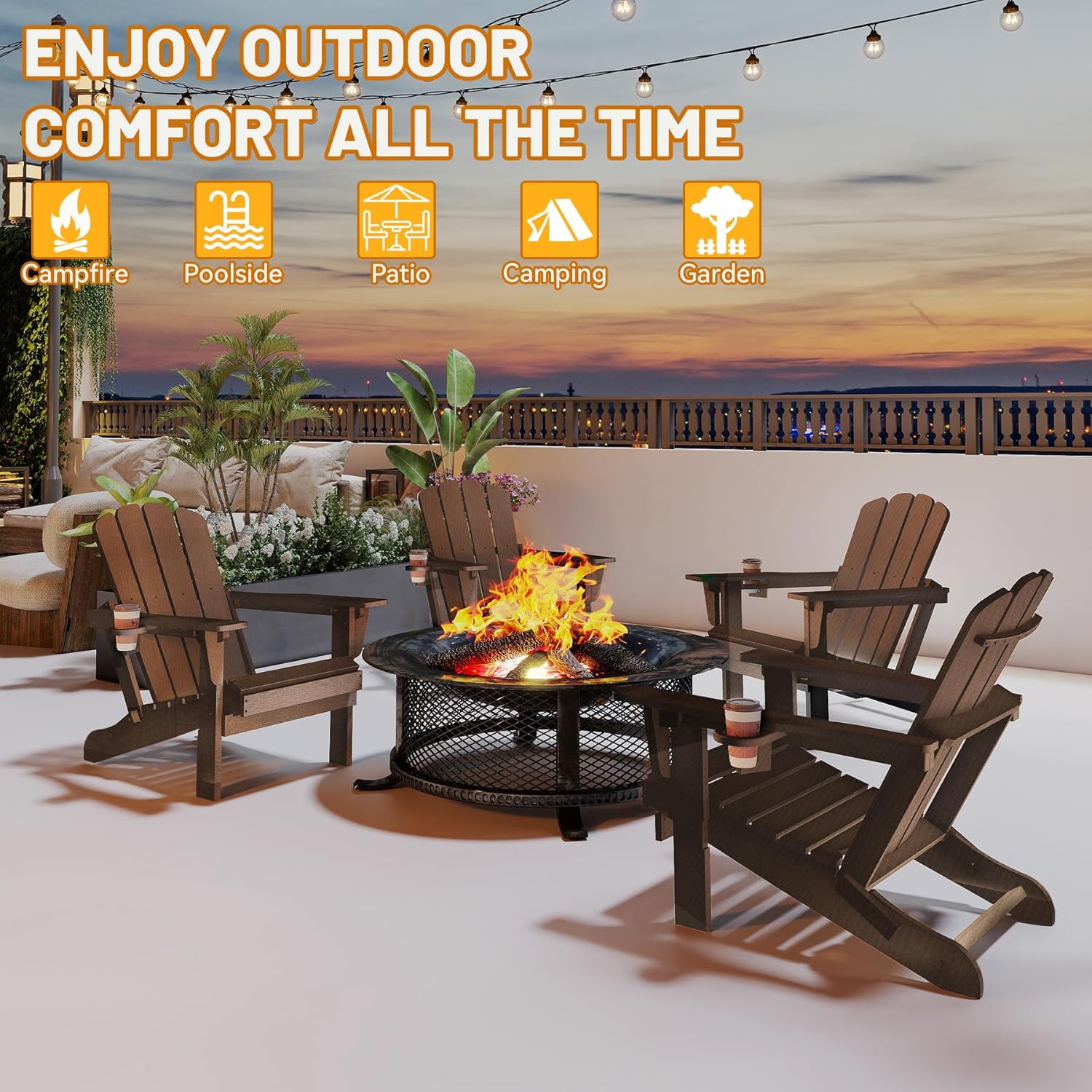 Adirondack Chairs Set of 2, Plastic Adirondack Chair, Adirondack Chairs, HDPE Adirondack Chair, Folding Adirondack Chairs, Outdoor Chairs with Cup Holder for Lawn Patio Deck Fire Pit -Brown