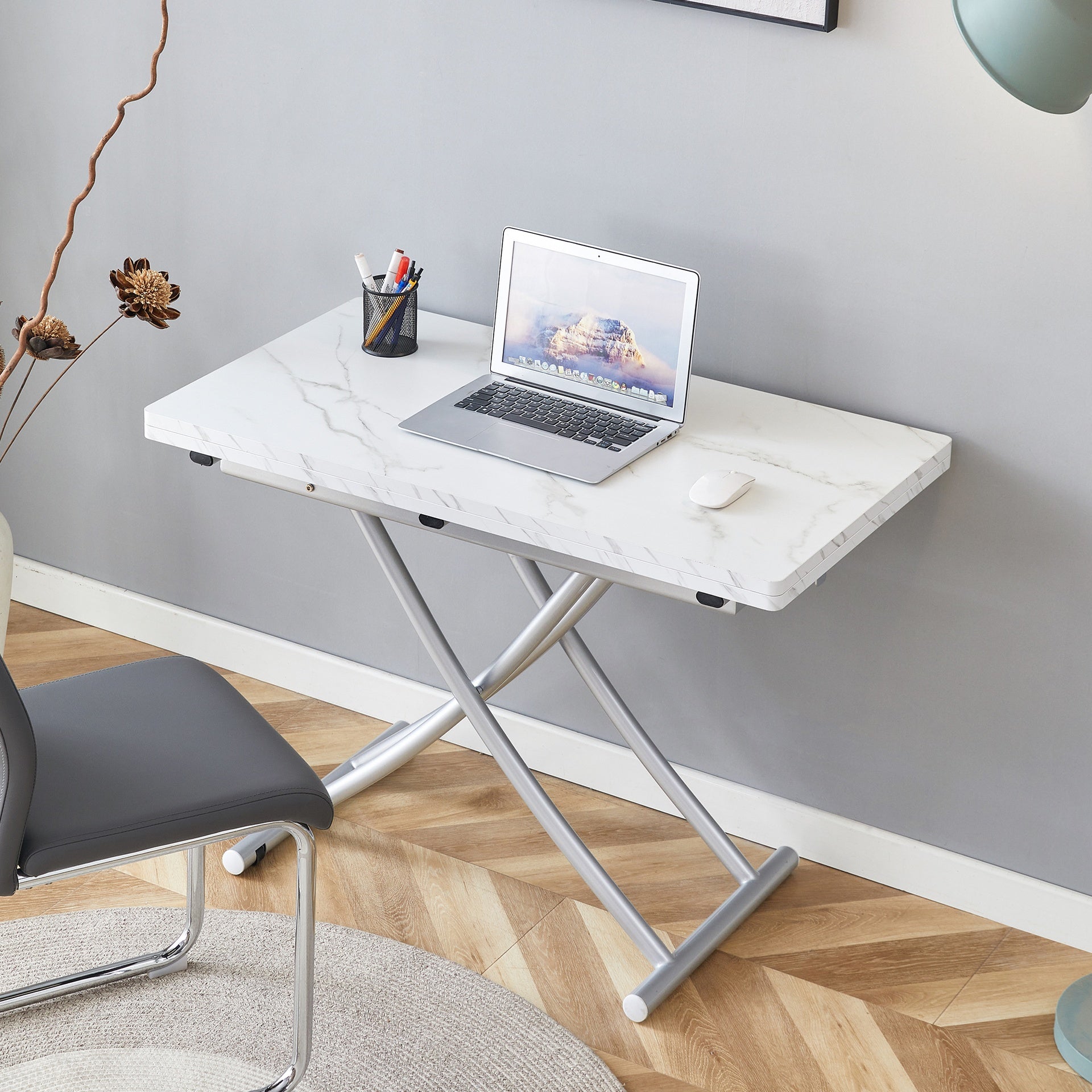 Modern minimalist multifunctional lift table with 0.8 inch thick MDF desktop and silver metal legs, can be used as a dressing table, coffee table, dining table, and office table.W1151126194