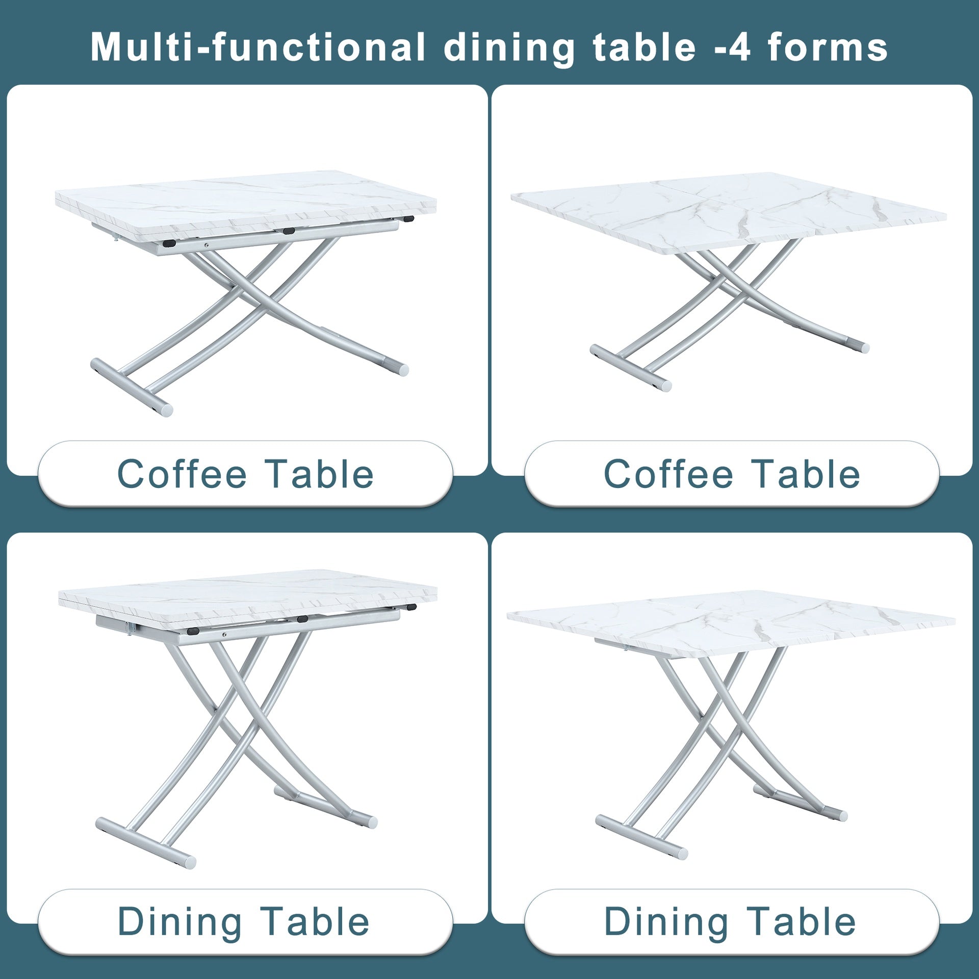 Modern minimalist multifunctional lift table with 0.8 inch thick MDF desktop and silver metal legs, can be used as a dressing table, coffee table, dining table, and office table.W1151126194