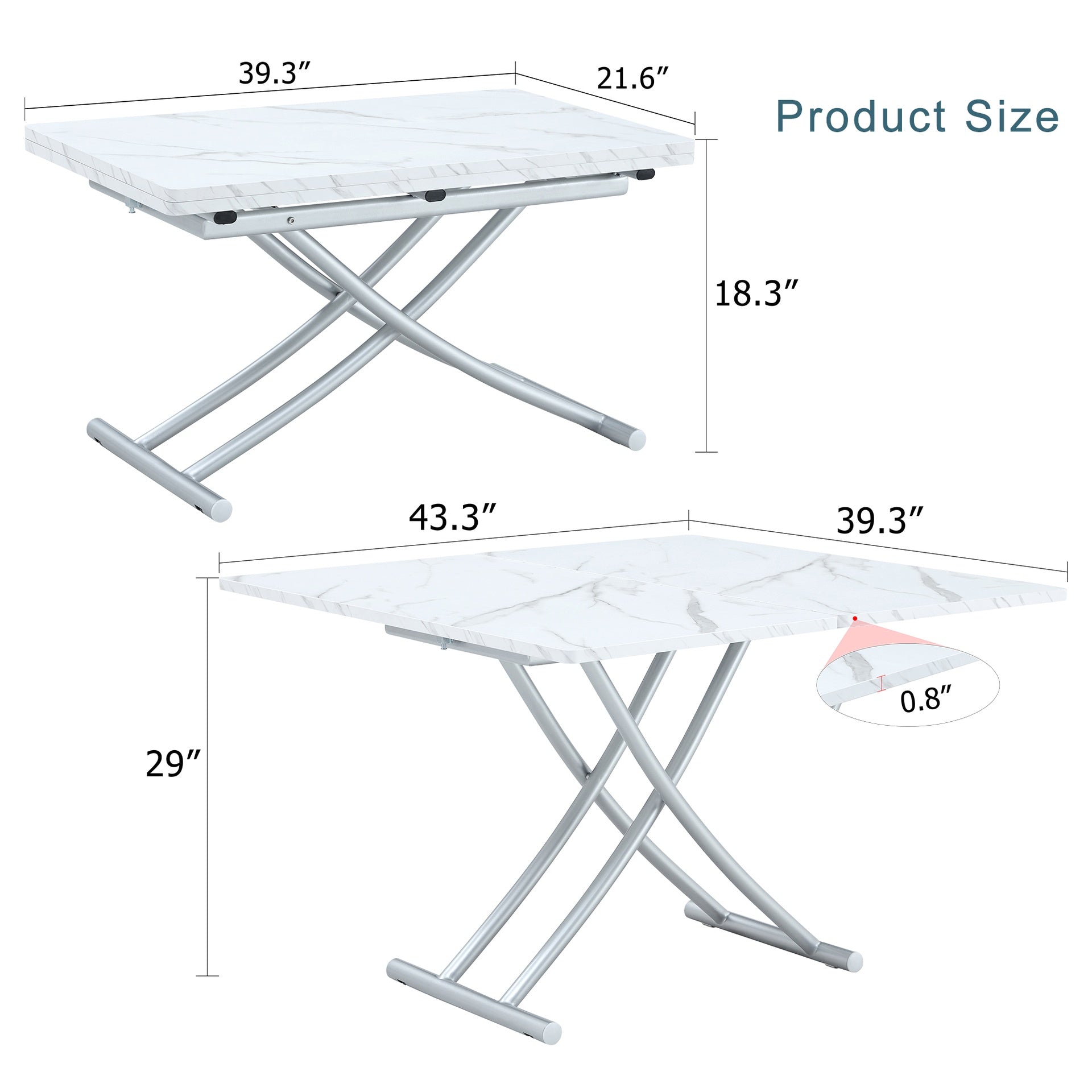 Modern minimalist multifunctional lift table with 0.8 inch thick MDF desktop and silver metal legs, can be used as a dressing table, coffee table, dining table, and office table.W1151126194