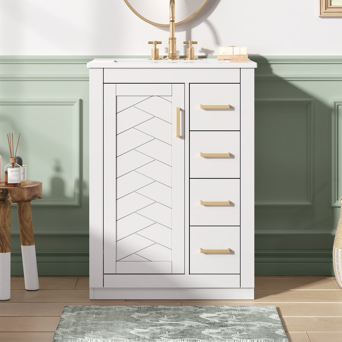 24" Bathroom Vanity with Integrated Ceramic Sink, Bathroom Cabinet with 1 Door, 3 Drawers, Single Sink Bathroom Vanity for Small and Medium Restroom, White