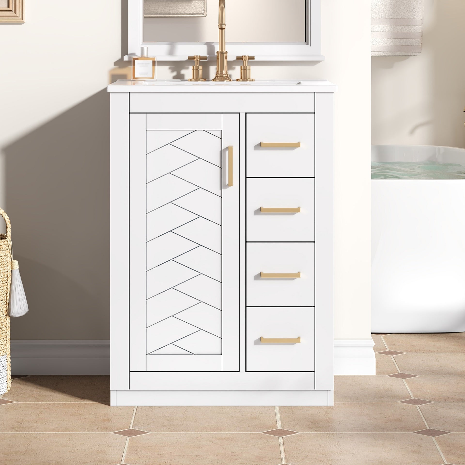 24" Bathroom Vanity with Integrated Ceramic Sink, Bathroom Cabinet with 1 Door, 3 Drawers, Single Sink Bathroom Vanity for Small and Medium Restroom, White