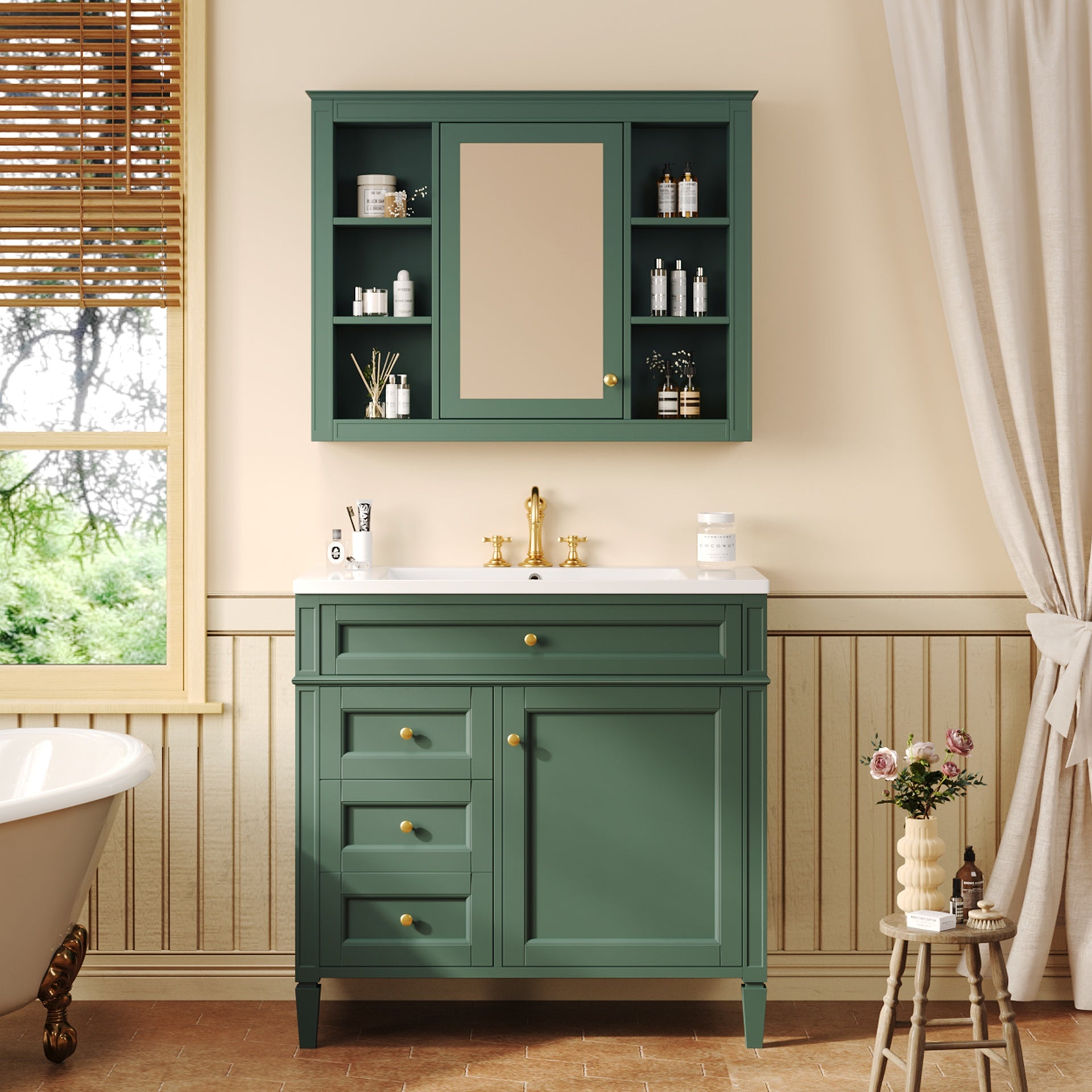 36'' Bathroom Vanity with Medicine Cabinet, Modern Bathroom Storage Cabinet with 2 Soft Closing Doors and 4 Drawers, Single Sink Bathroom Vanity