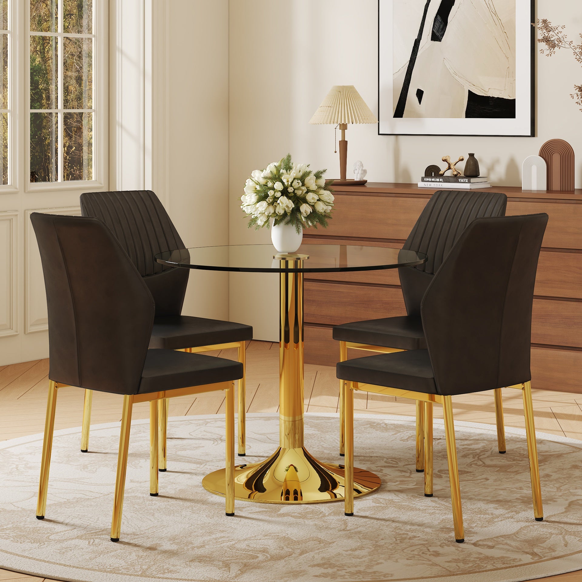 Table and chair set.A 35" Transparent Tempered Glass Round Dining Table-Gold Metal Bracket and Base.Paired with 4 BLACK PU Material High Resilience Dining Chair with Metal Gold Leg.