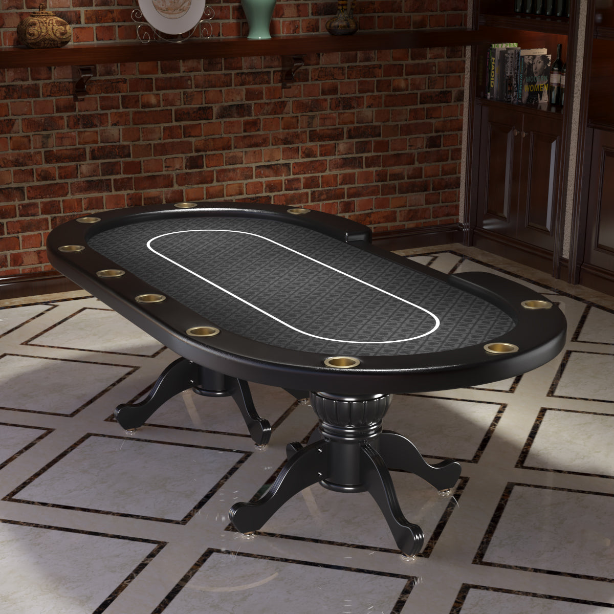 96" Oval Aura Poker Table for 10 Players Texas Holdem Poker Card with Bet Line Felt Surface Jumbo Cup Holders Black