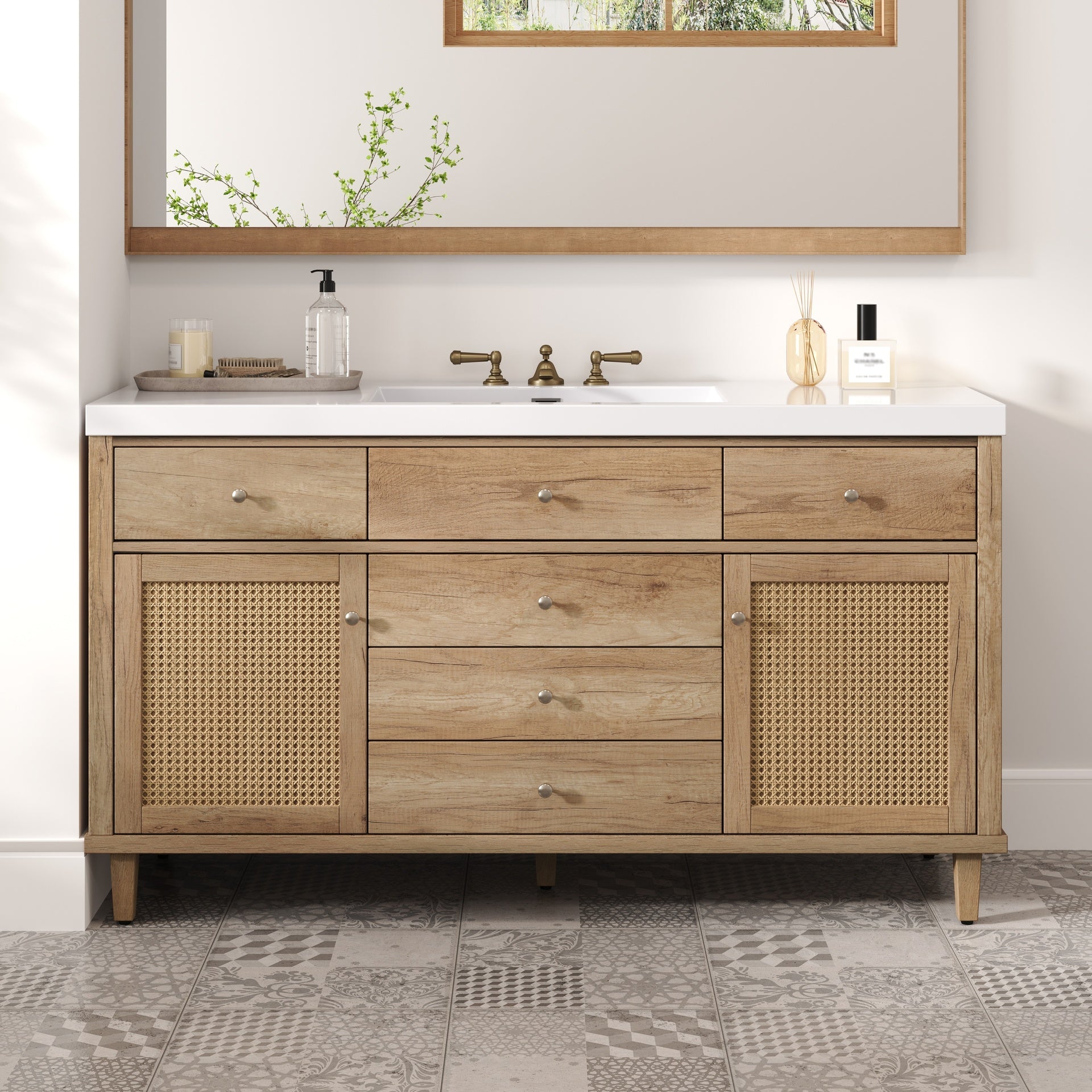 60" Bathroom Vanity with SMC Sink, Modern Large Storage Bathroom Storage Cabinet with Soft Close Drawers and Rattan Doors, Silver Metal Knobs and 5 Pine Legs, Natural