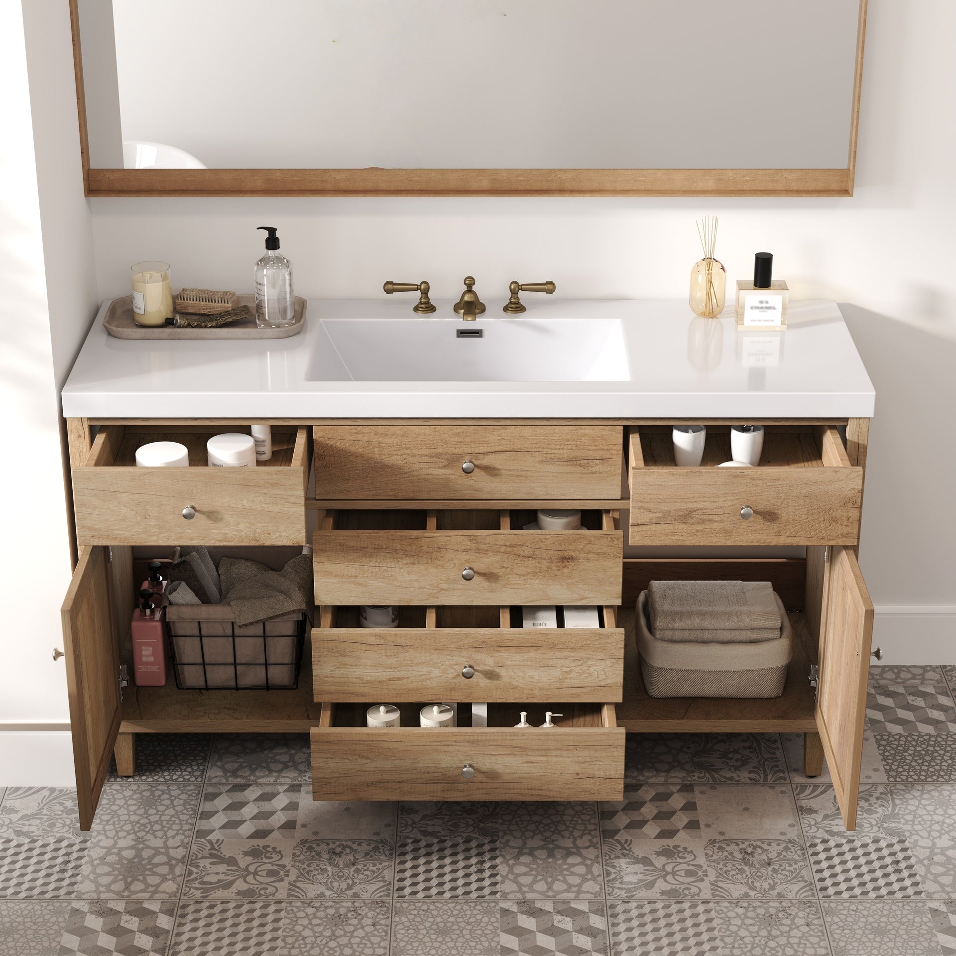 60" Bathroom Vanity with SMC Sink, Modern Large Storage Bathroom Storage Cabinet with Soft Close Drawers and Rattan Doors, Silver Metal Knobs and 5 Pine Legs, Natural