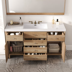 60" Bathroom Vanity with SMC Sink, Modern Large Storage Bathroom Storage Cabinet with Soft Close Drawers and Rattan Doors, Silver Metal Knobs and 5 Pine Legs, Natural