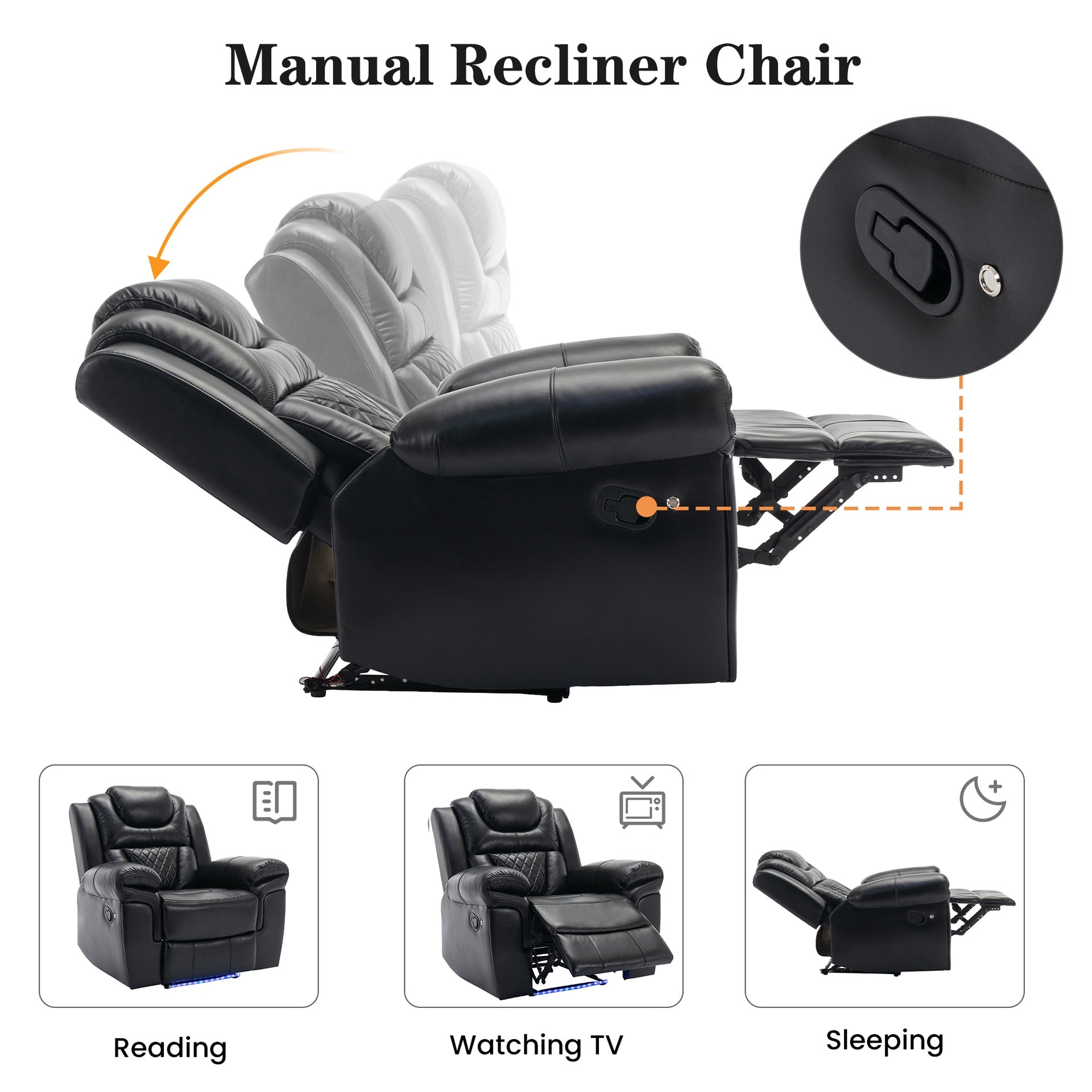 Home Theater Seating Manual Recliner Chair with Center Console and LED Light Strip for Living Room, Black