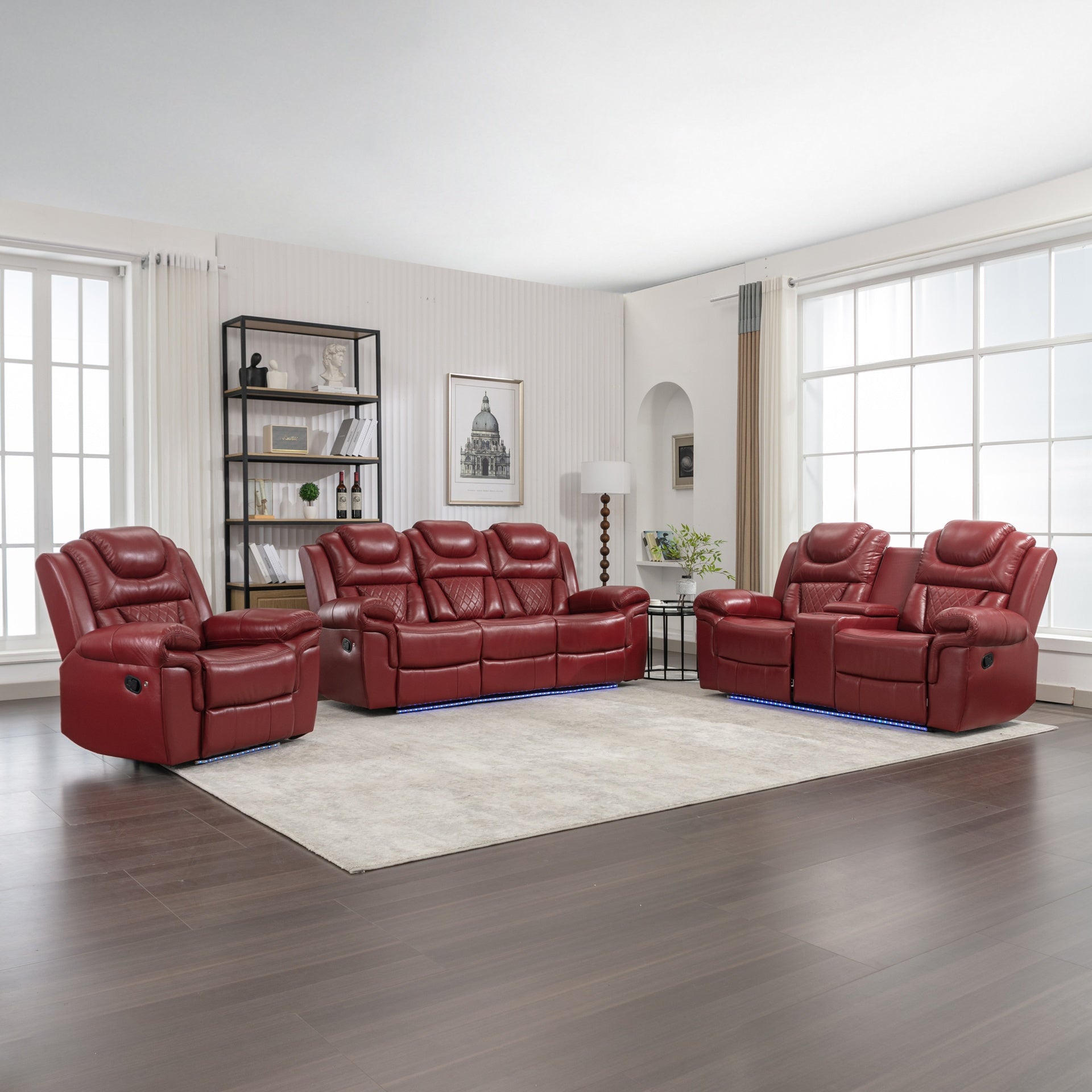 3 Pieces Recliner Sofa Sets Home Theater Seating Manual Recliner Chair with Center Console and LED Light Strip for Living Room, Wine Red