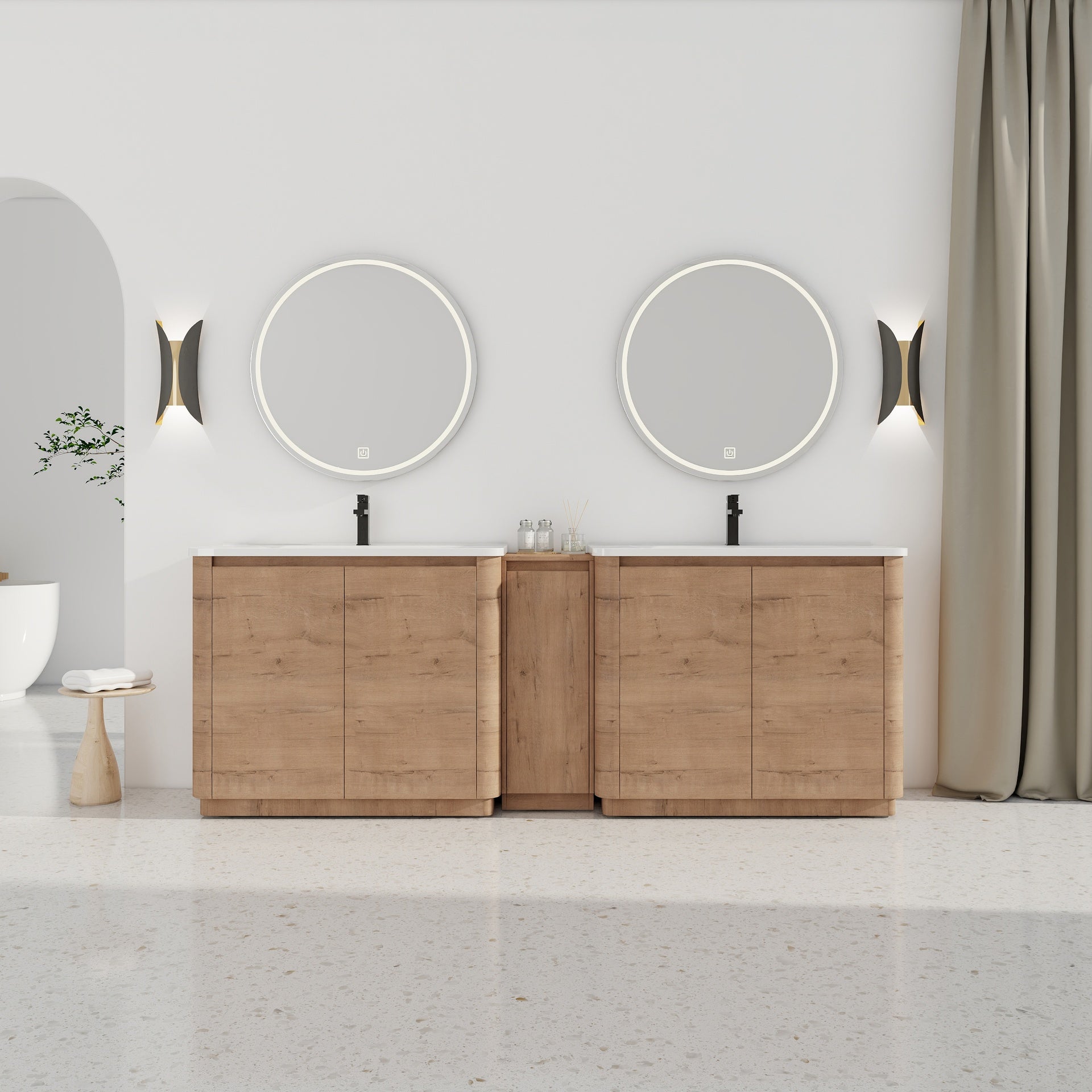 92'' Freestanding Bathroom Vanity with White Ceramic Sink, and 1-Small Storage Cabinet, Soft-Close Door, Imitative Oak, KD-Packing, Plywood