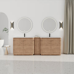 92'' Freestanding Bathroom Vanity with White Ceramic Sink, and 1-Small Storage Cabinet, Soft-Close Door, Imitative Oak, KD-Packing, Plywood