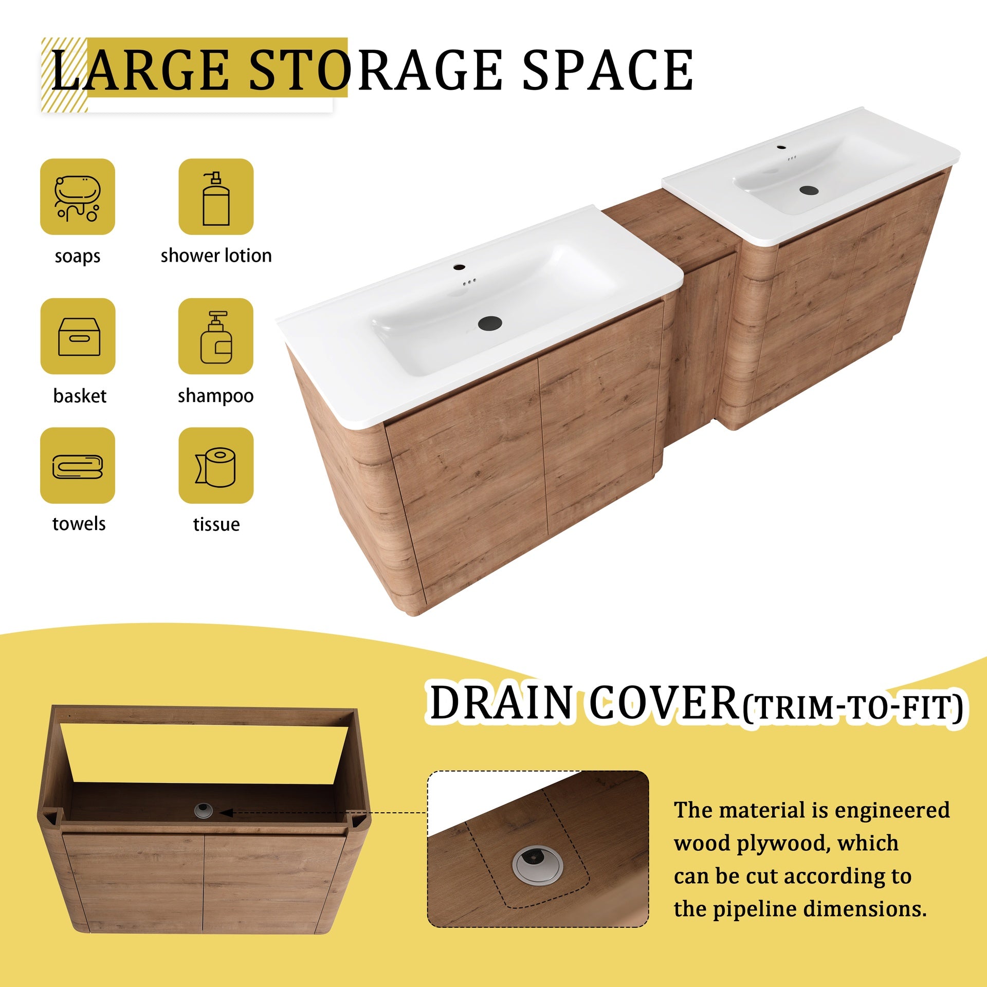 92'' Freestanding Bathroom Vanity with White Ceramic Sink, and 1-Small Storage Cabinet, Soft-Close Door, Imitative Oak, KD-Packing, Plywood