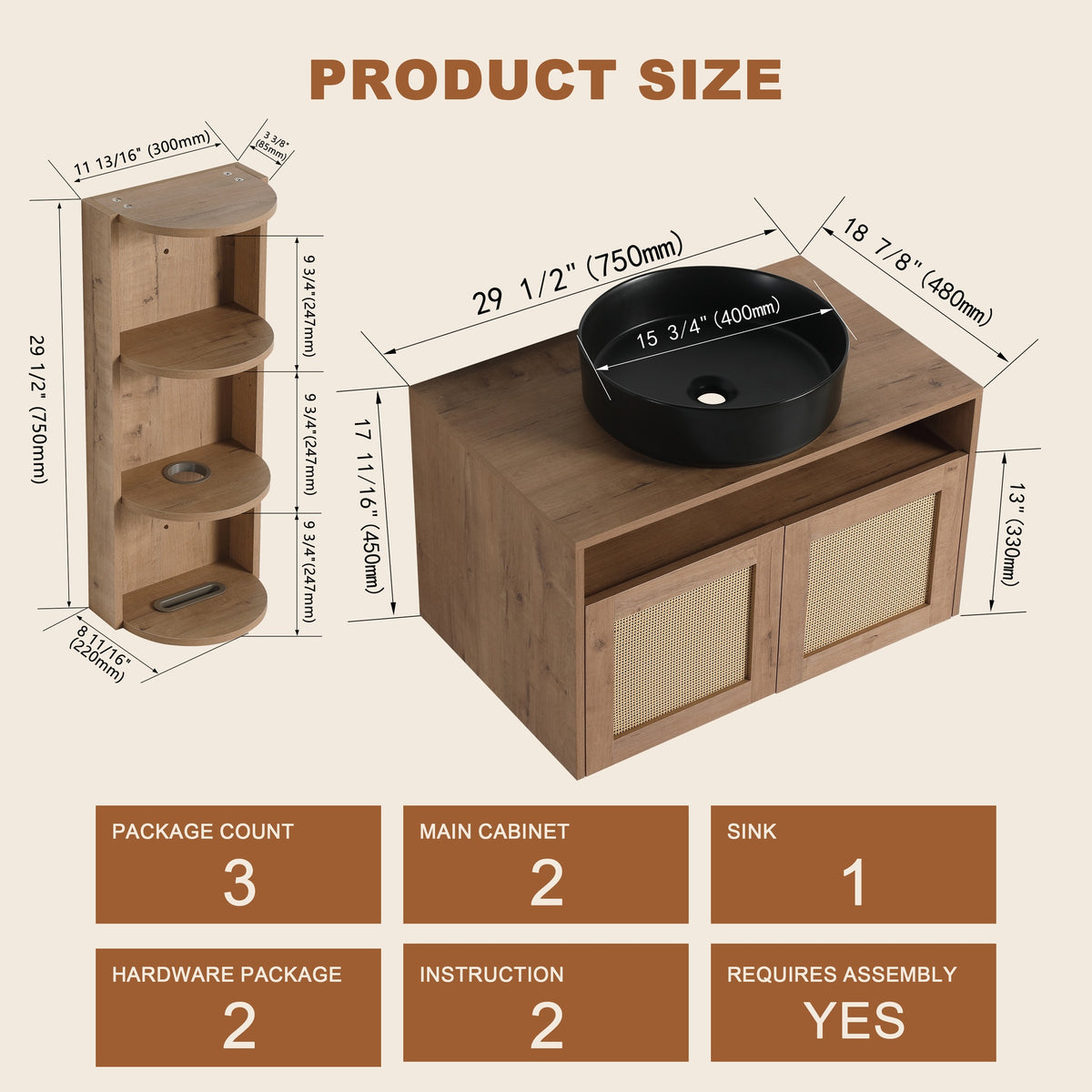 30" Bathroom Vanity with Ceramic Art Sink and Storage Rack, 2-Soft Close Door, Float Mounting Design, Plywood (KD-Packing)