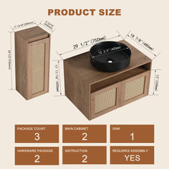 30" Bathroom Vanity with Ceramic Art Sink and Side Cabinet, 2-Soft Close Door, Float Mounting Design, Plywood (KD-Packing)