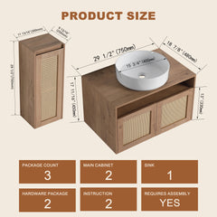 30" Bathroom Vanity with Ceramic Art Sink and Side Cabinet, 2-Soft Close Door, Float Mounting Design, Plywood (KD-Packing)