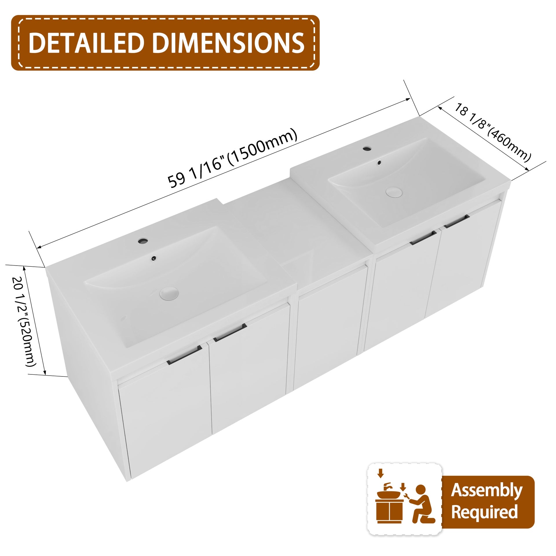 60" Bathroom Vanity With Resin Sink, Soft Close Doors and 1-Side Cabinet, Float Mounting Design, Glossy White, Plywood(KD-Packing)-24"x2 + 12"