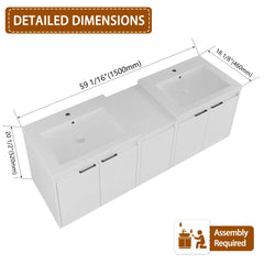 60" Bathroom Vanity With Resin Sink, Soft Close Doors and 1-Side Cabinet, Float Mounting Design, Glossy White, Plywood(KD-Packing)-24"x2 + 12"
