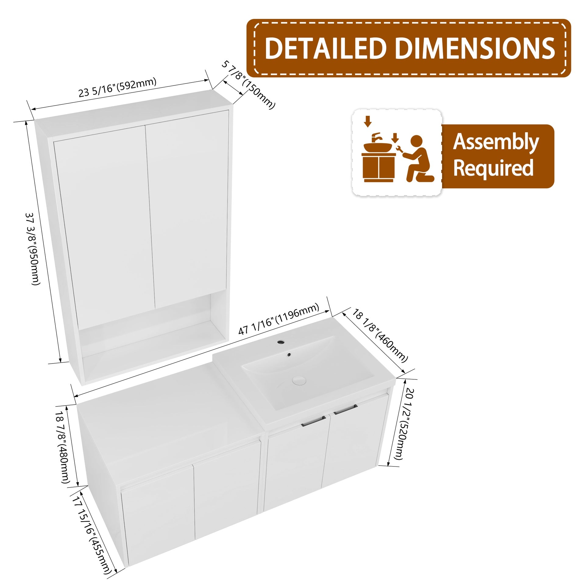 48" Bathroom Vanity With Resin Sink, 1-Wall Cabinet and 1-Side Cabinet, Soft Close Doors, Float Mounting Design, Glossy White, Plywood(KD-Packing)
