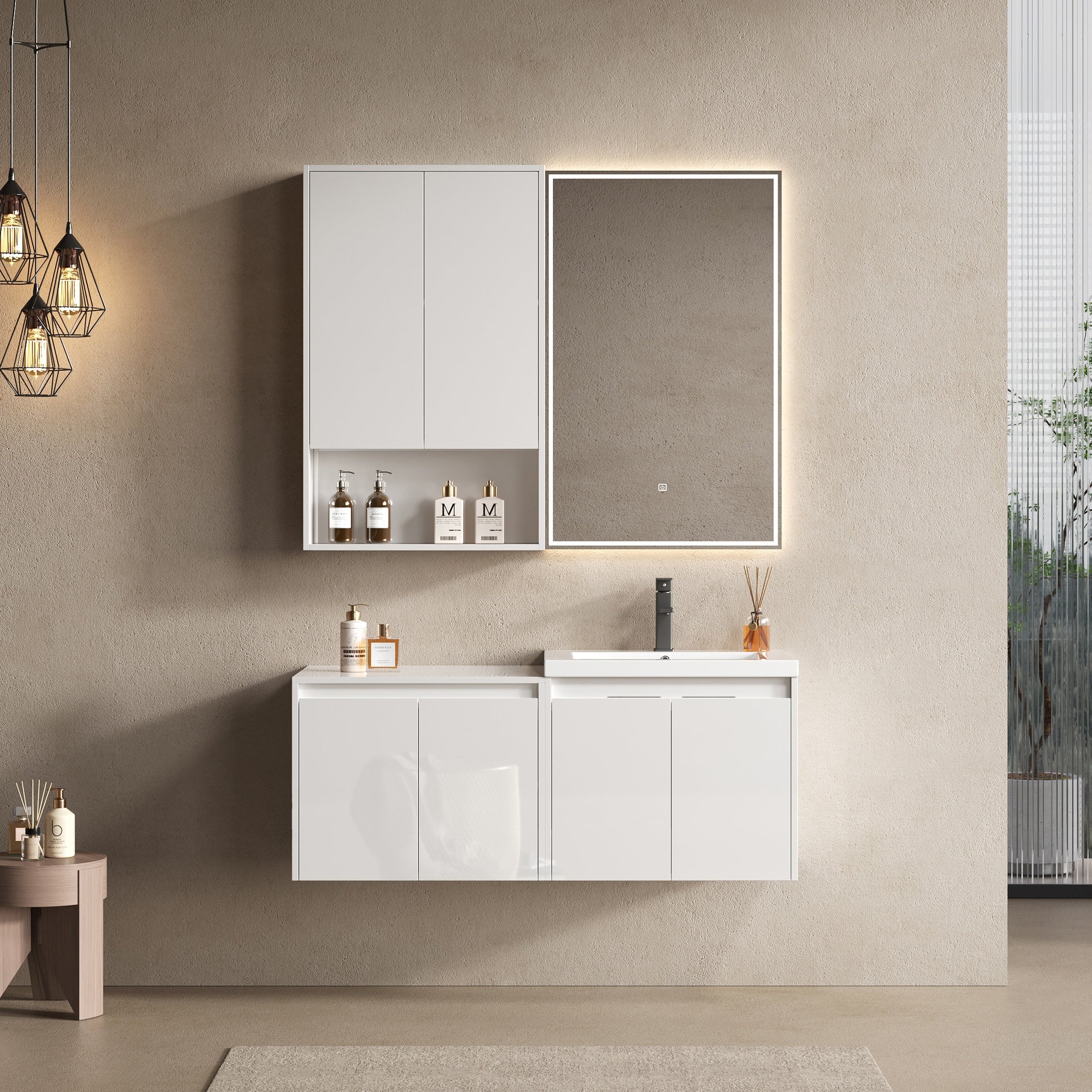 48" Bathroom Vanity With Resin Sink, 1-Wall Cabinet and 1-Side Cabinet, Soft Close Doors, Float Mounting Design, Glossy White, Plywood(KD-Packing)