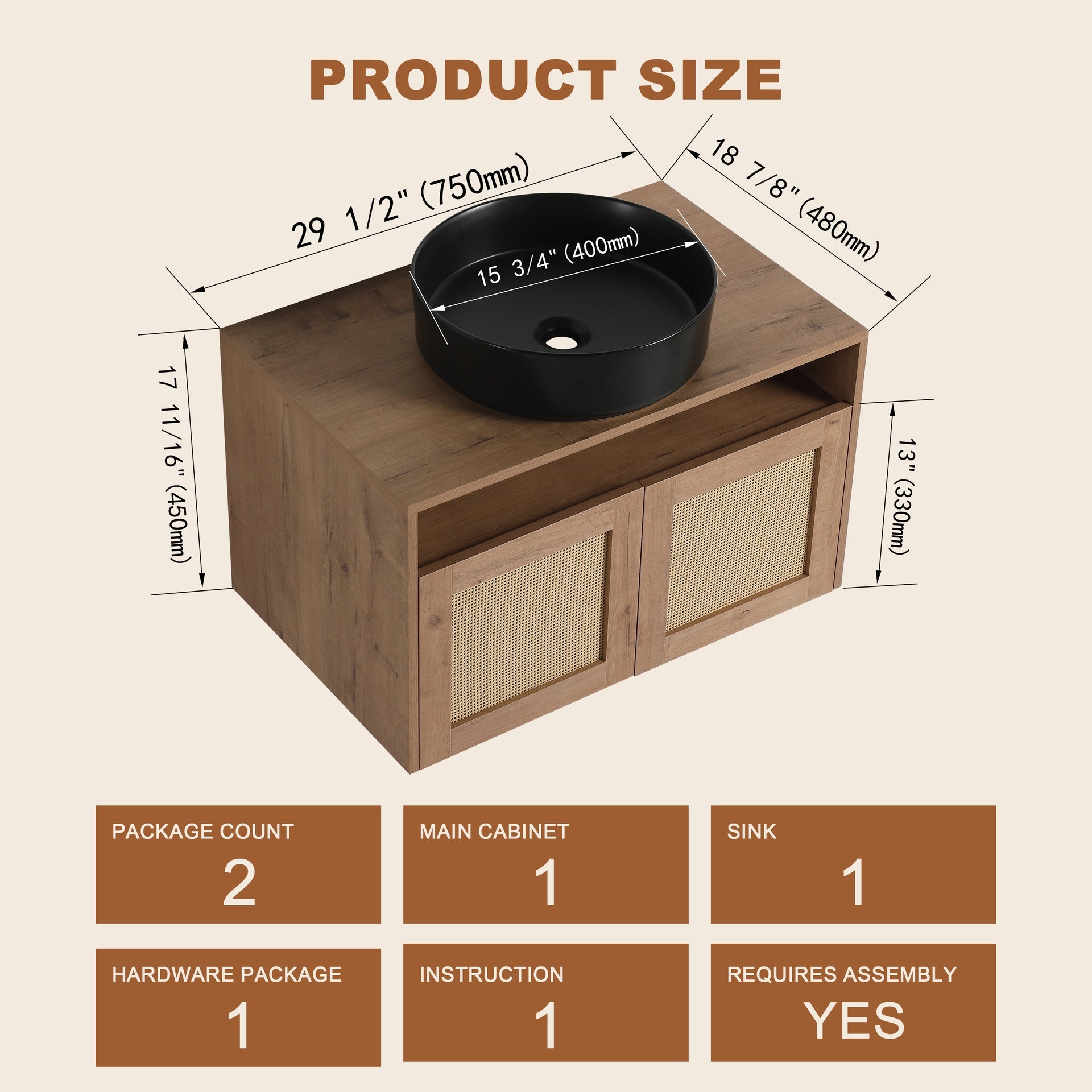 30" Bathroom Vanity with Black Ceramic Art Sink, 2-Soft Close Door, Float Mounting Design, Plywood (KD-Packing)