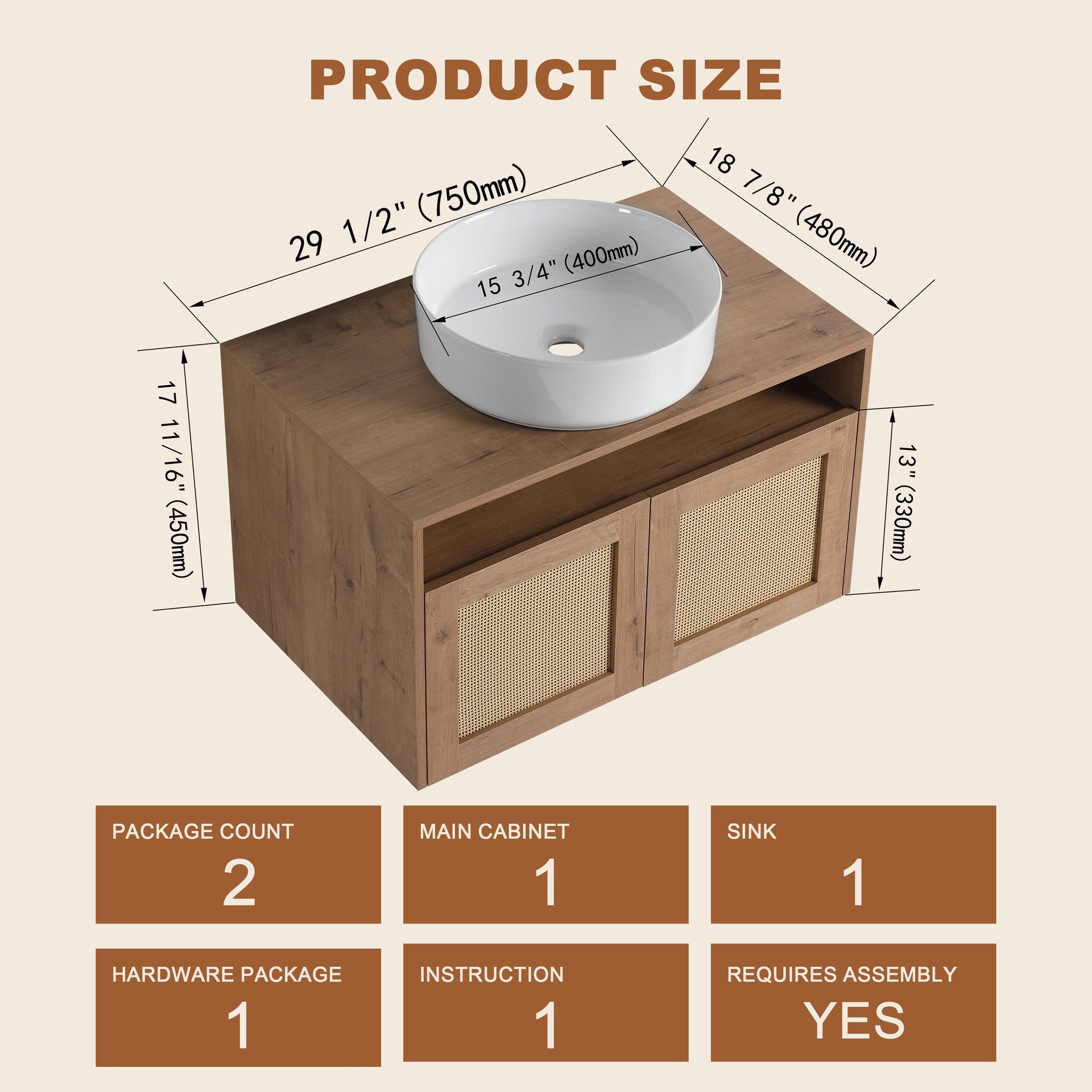 30" Bathroom Vanity with White Ceramic Art Sink, 2-Soft Close Door, Float Mounting Design, Plywood (KD-Packing)