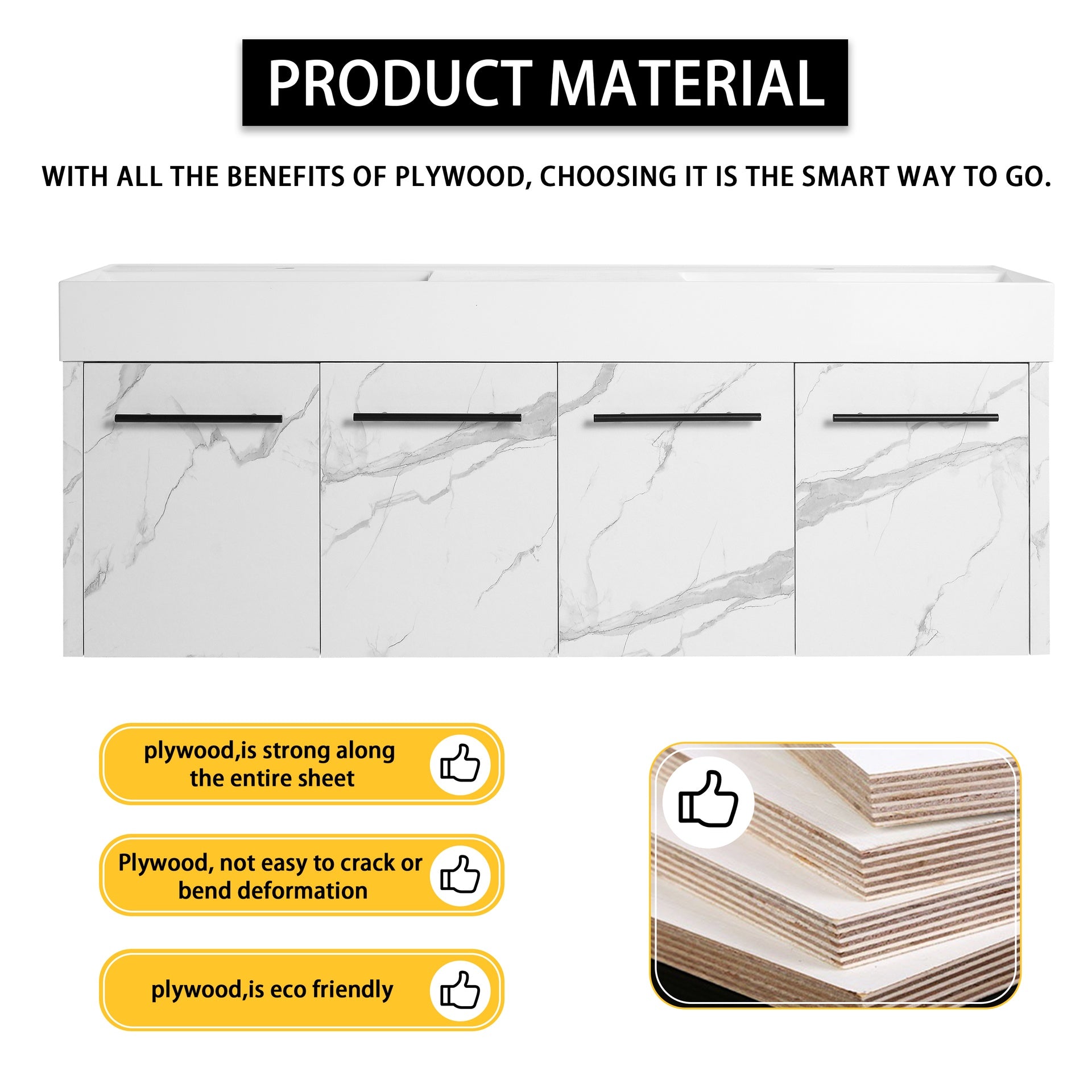 60 Inch Wall-Mounted Bathroom Vanity with Sink, Thick Edged Double Resin Sink, KD-Package