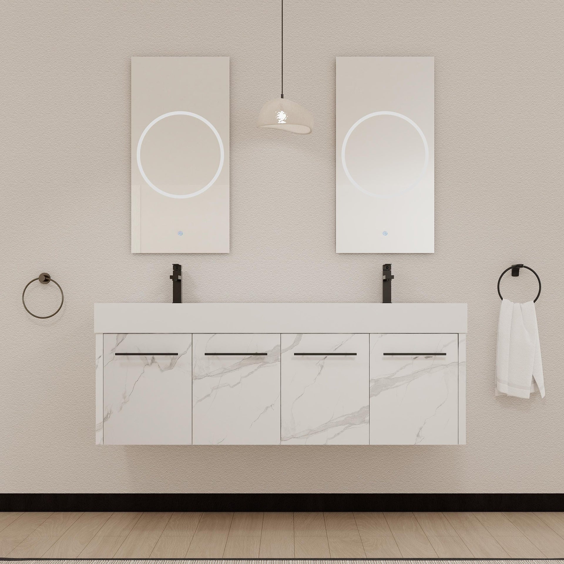 60 Inch Wall-Mounted Bathroom Vanity with Sink, Thick Edged Double Resin Sink, KD-Package