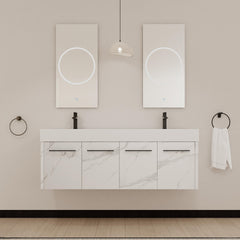 60 Inch Wall-Mounted Bathroom Vanity with Sink, Thick Edged Double Resin Sink, KD-Package